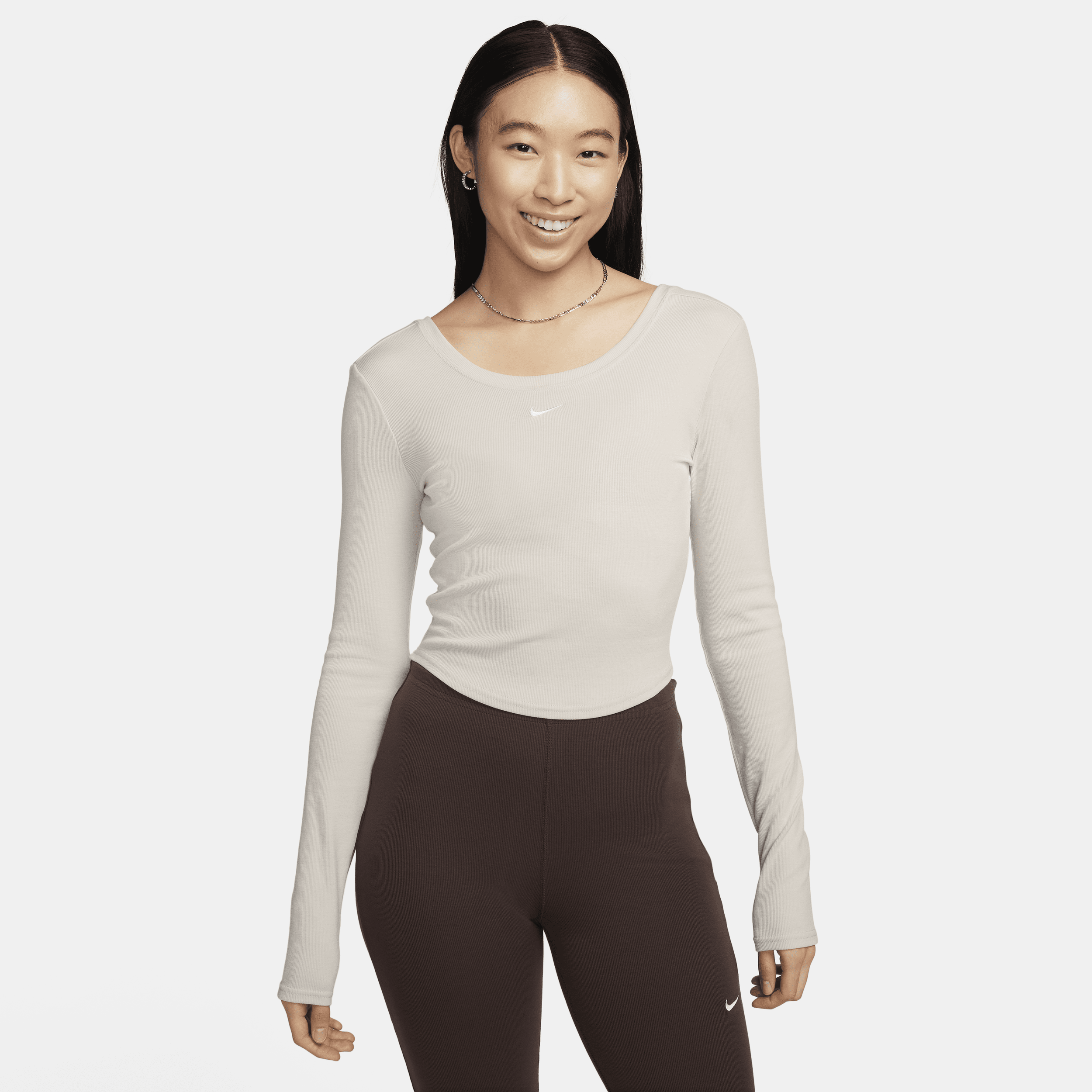 Nike Women's  Sportswear Chill Knit Tight Scoop-back Long-sleeve Mini-rib Top In Brown