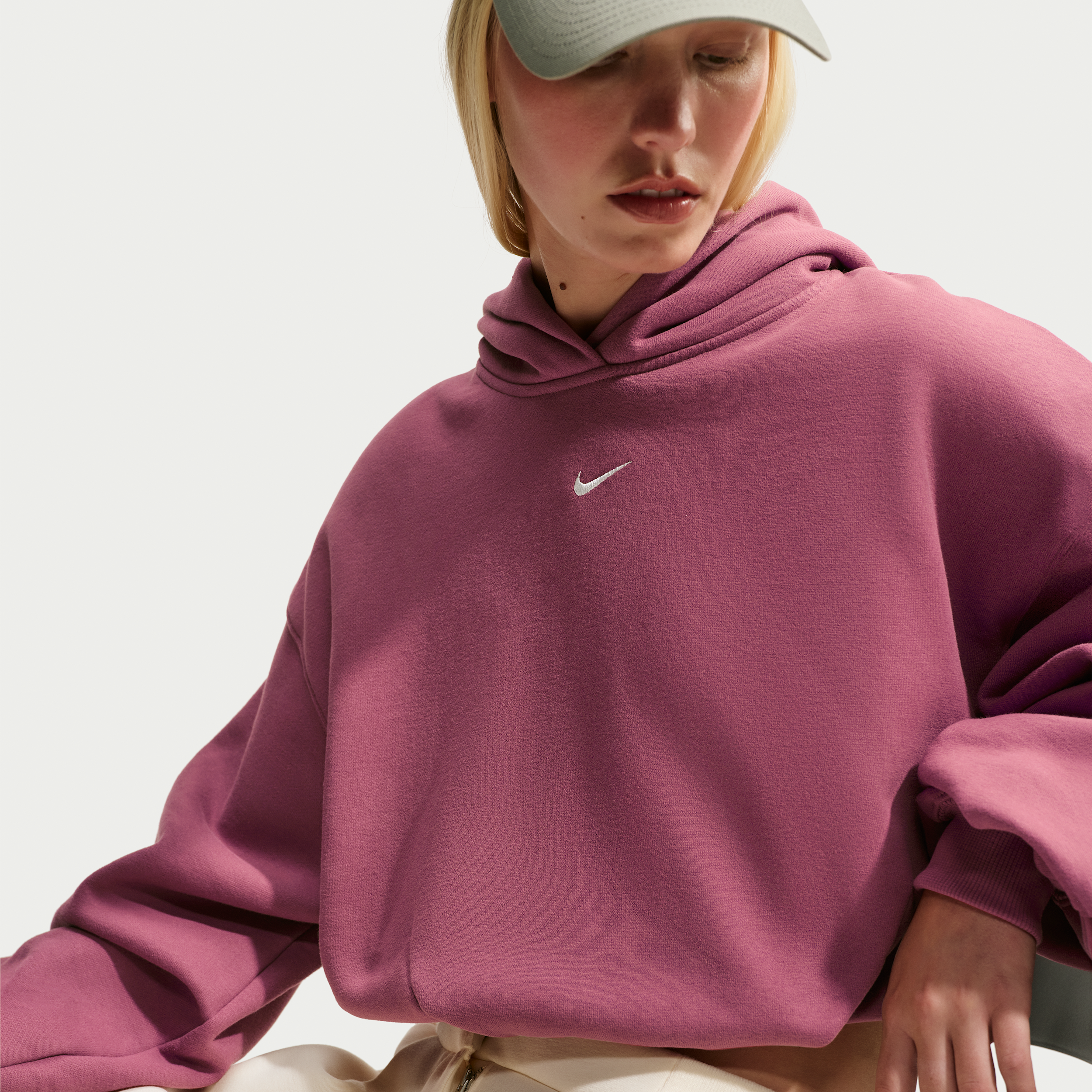 Nike Women's Studio Fleece Medium-Weight Oversized Cropped Pullover Hoodie in Pink Smoke/Sail Size: Small