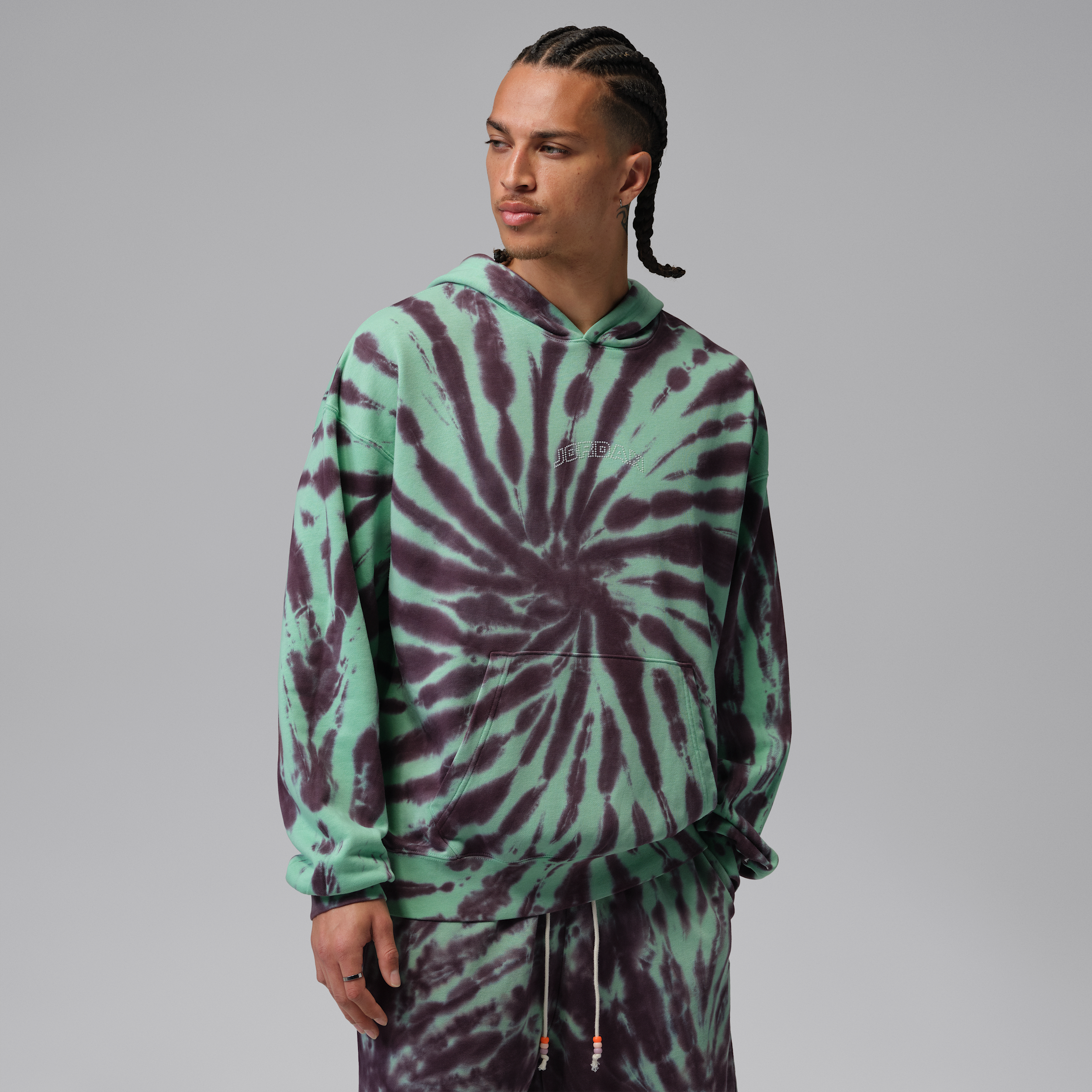 Jordan Men's Brooklyn Fleece Tie-Dye Festival Pullover Hoodie in Green Glow/Burgundy Ash/Pale Ivory Size: Small