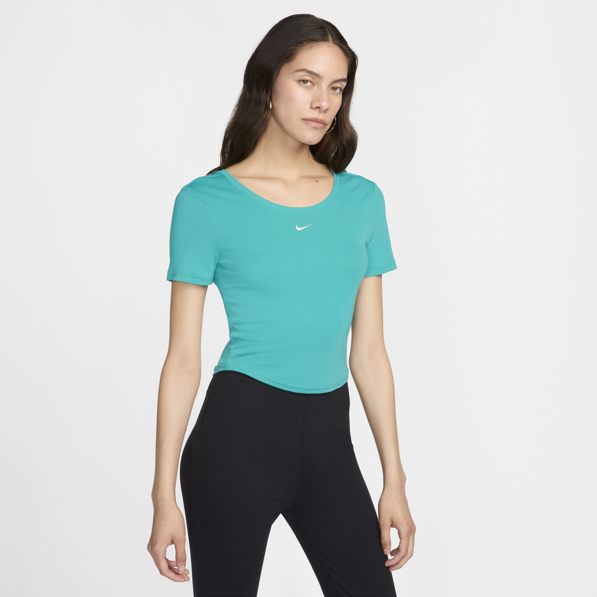 Shop Nike Women's  Sportswear Chill Knit Tight Scoop-back Short-sleeve Mini-rib Top In Green