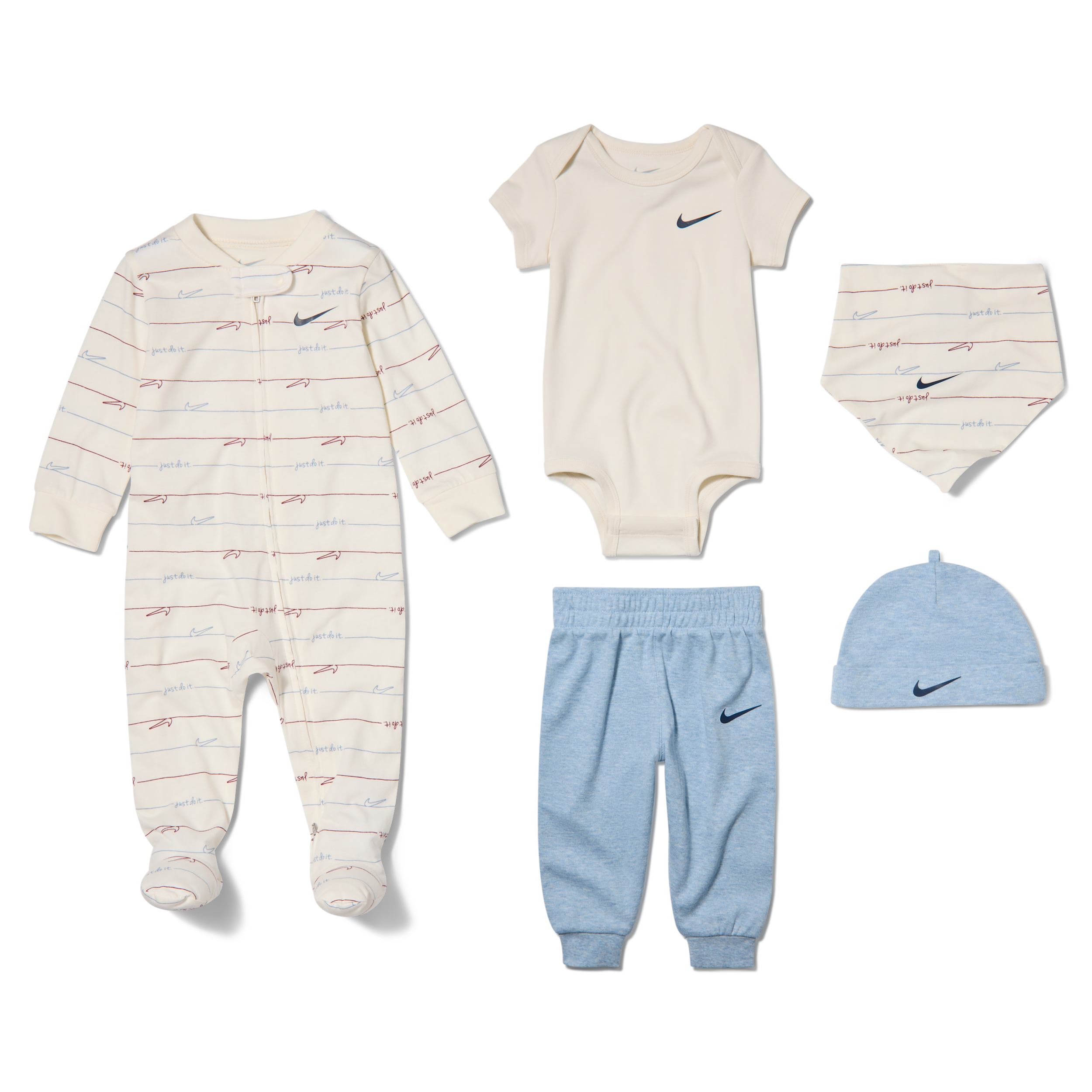 Nike Baby Boys' Readyset Grow Logo Print Bodysuit, Footed Coverall, Pants, Bib and Beanie, 5-Piece Set - Work Blue Heather