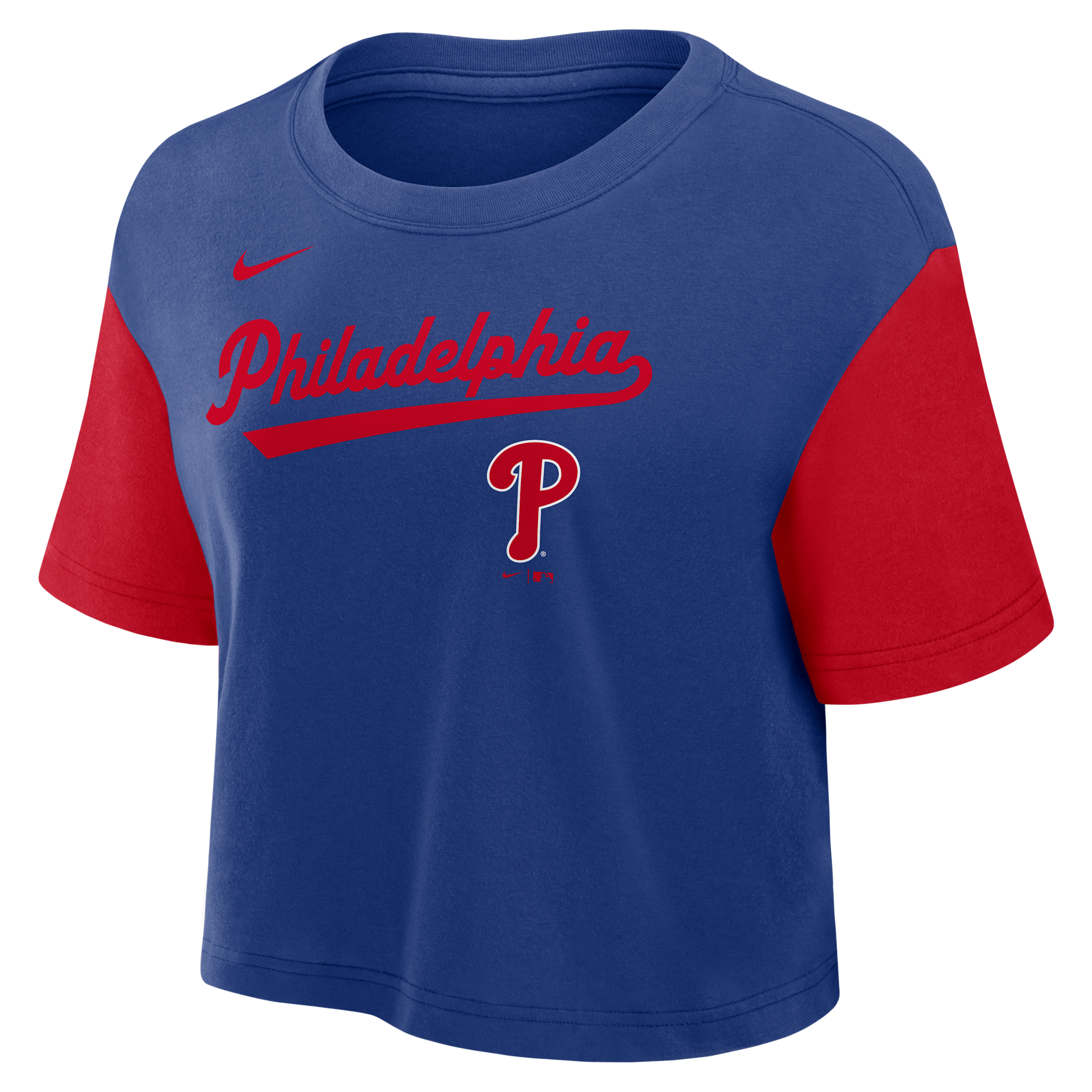 Nike Philadelphia Phillies Script Women's Dri-fit Mlb Cropped T-shirt In Blue
