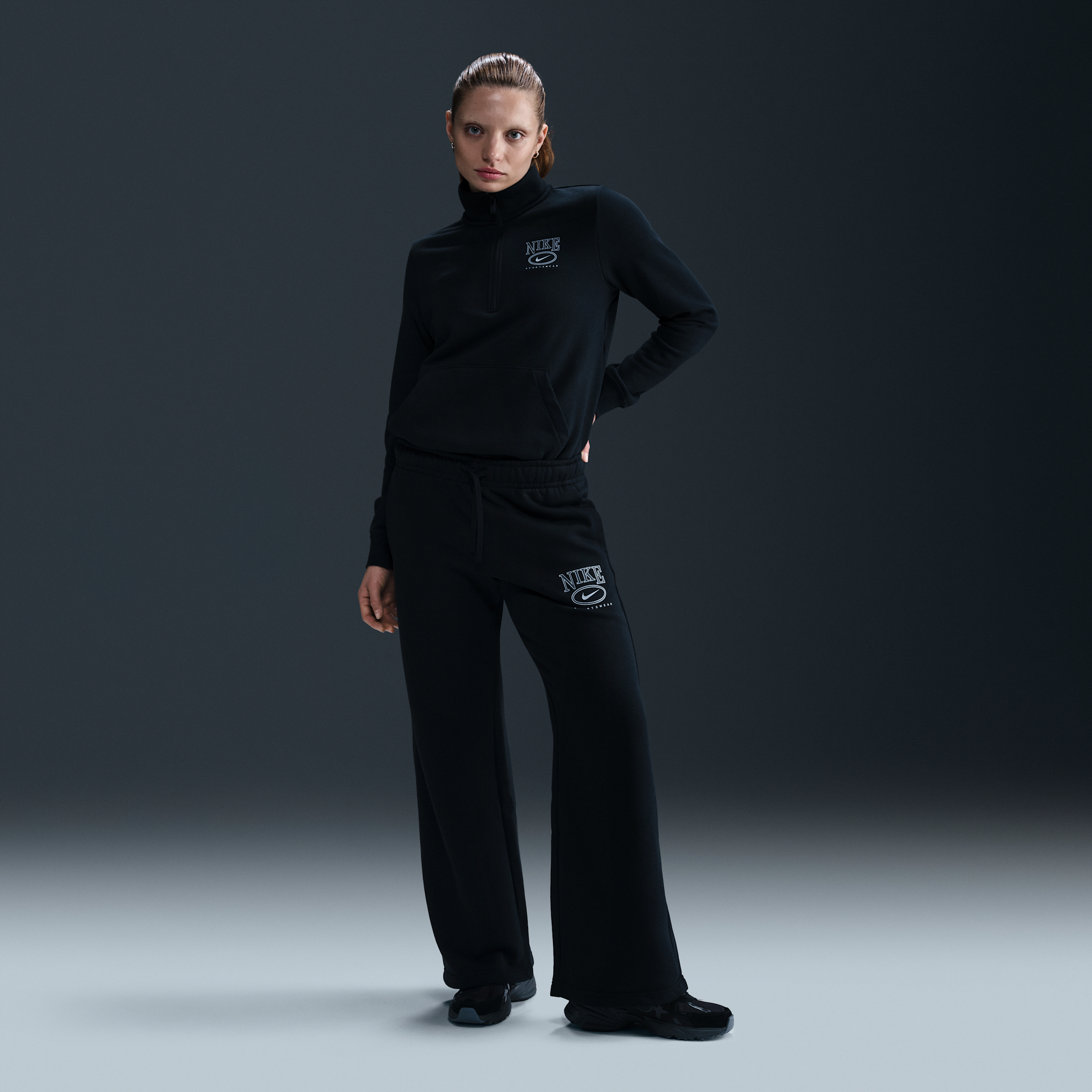 Nike Women's Sportswear Club Fleece Mid-rise Wide-leg Graphic Pants In Black