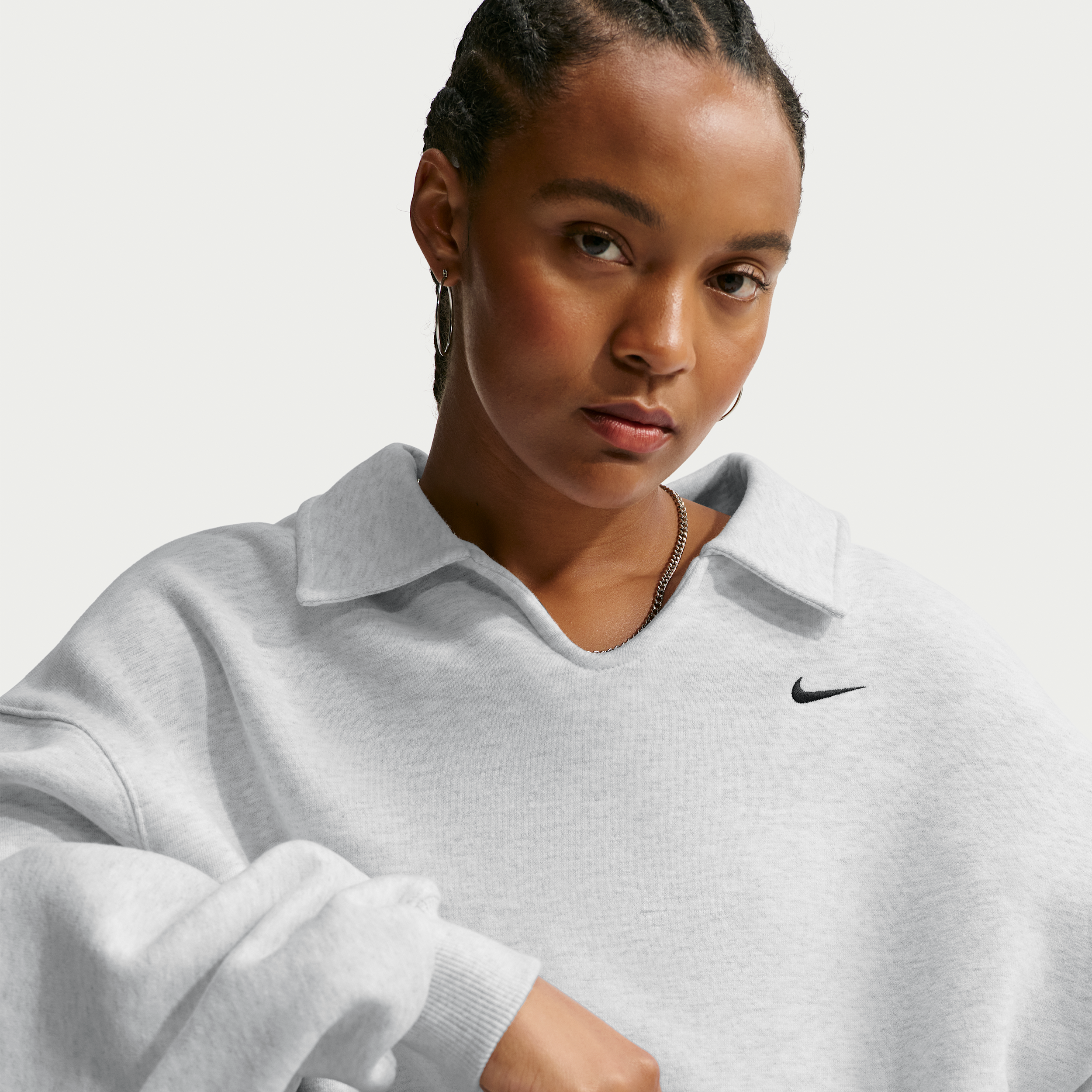 Nike Women's Studio Fleece Medium Weight Oversized Cropped Polo, Birch Heather/Black