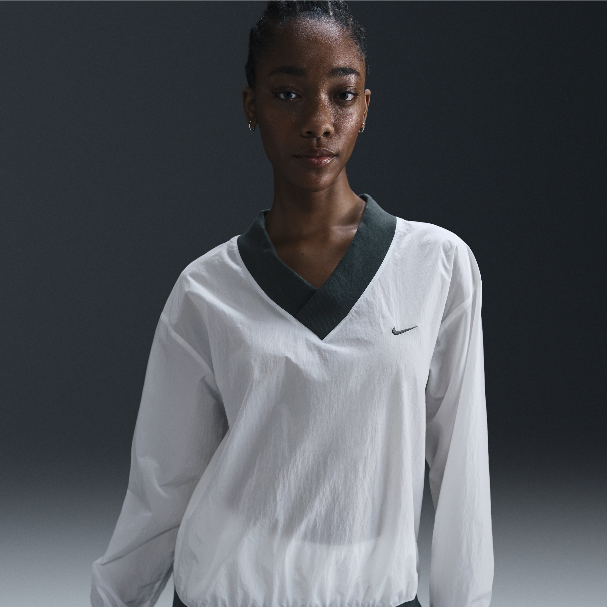 Nike Women's Sportswear Essential Loose Uv Woven Long-sleeve V-neck Top In White