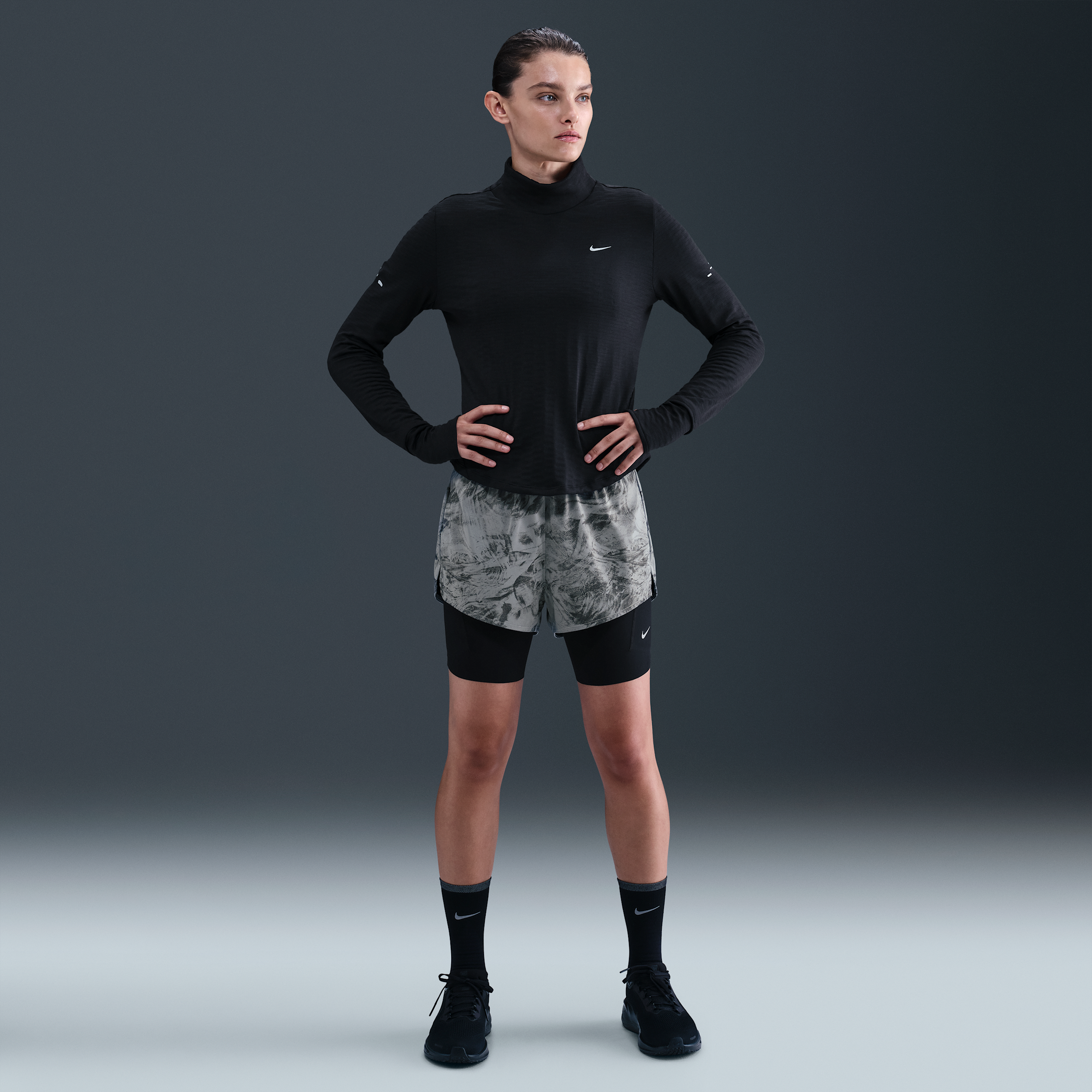 Nike Women's Swift Mid-rise 2-in-1 Running Shorts With Reflective Accents In Gray