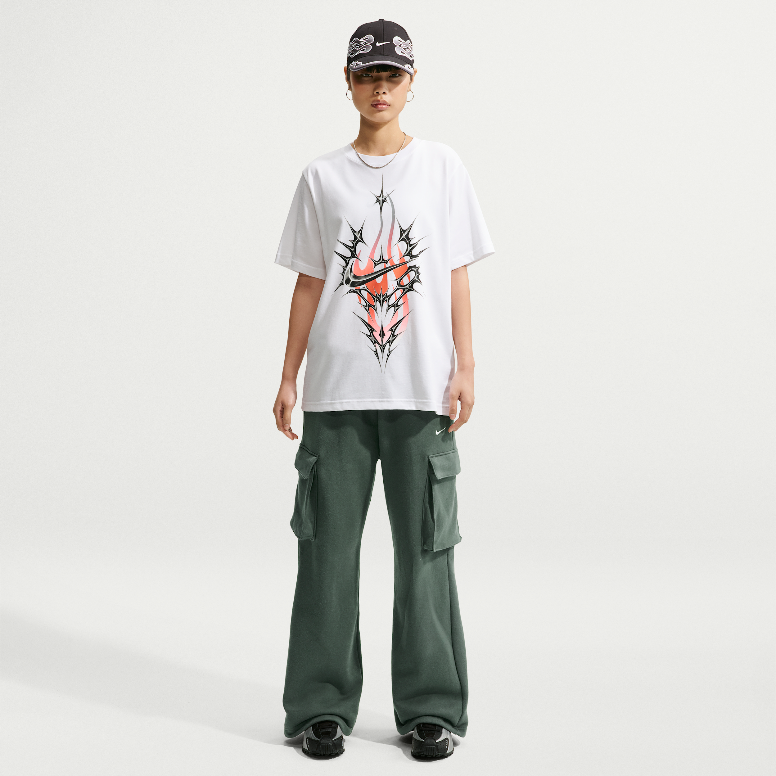 Nike Women's Studio Fleece Medium Weight Oversized High-Rise Cargo Pants, Small, Camo Green/Sail
