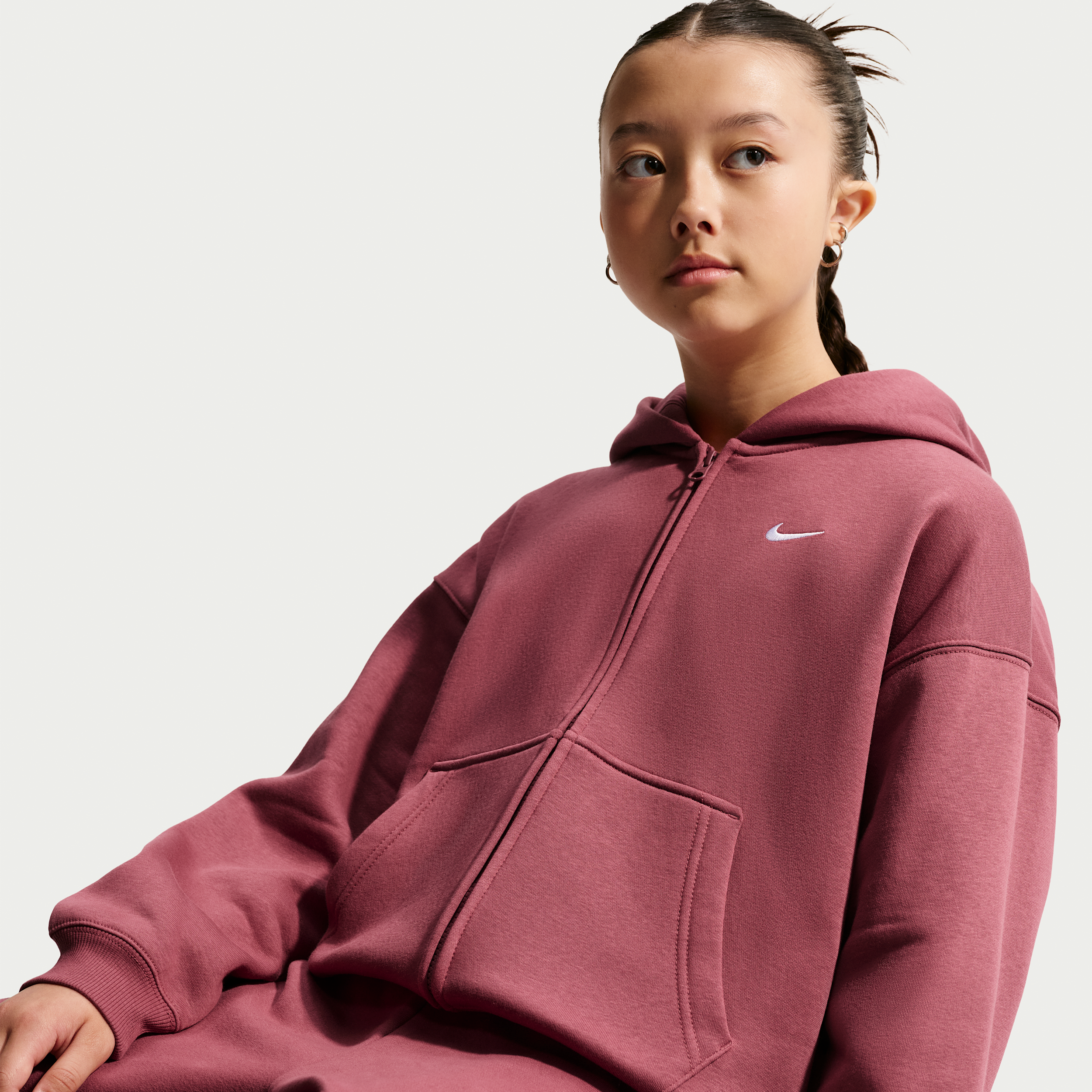 Nike Sportswear Studio Fleece Big Kids' (Girls') Oversized Full-Zip Hoodie in Red | IM4904-654