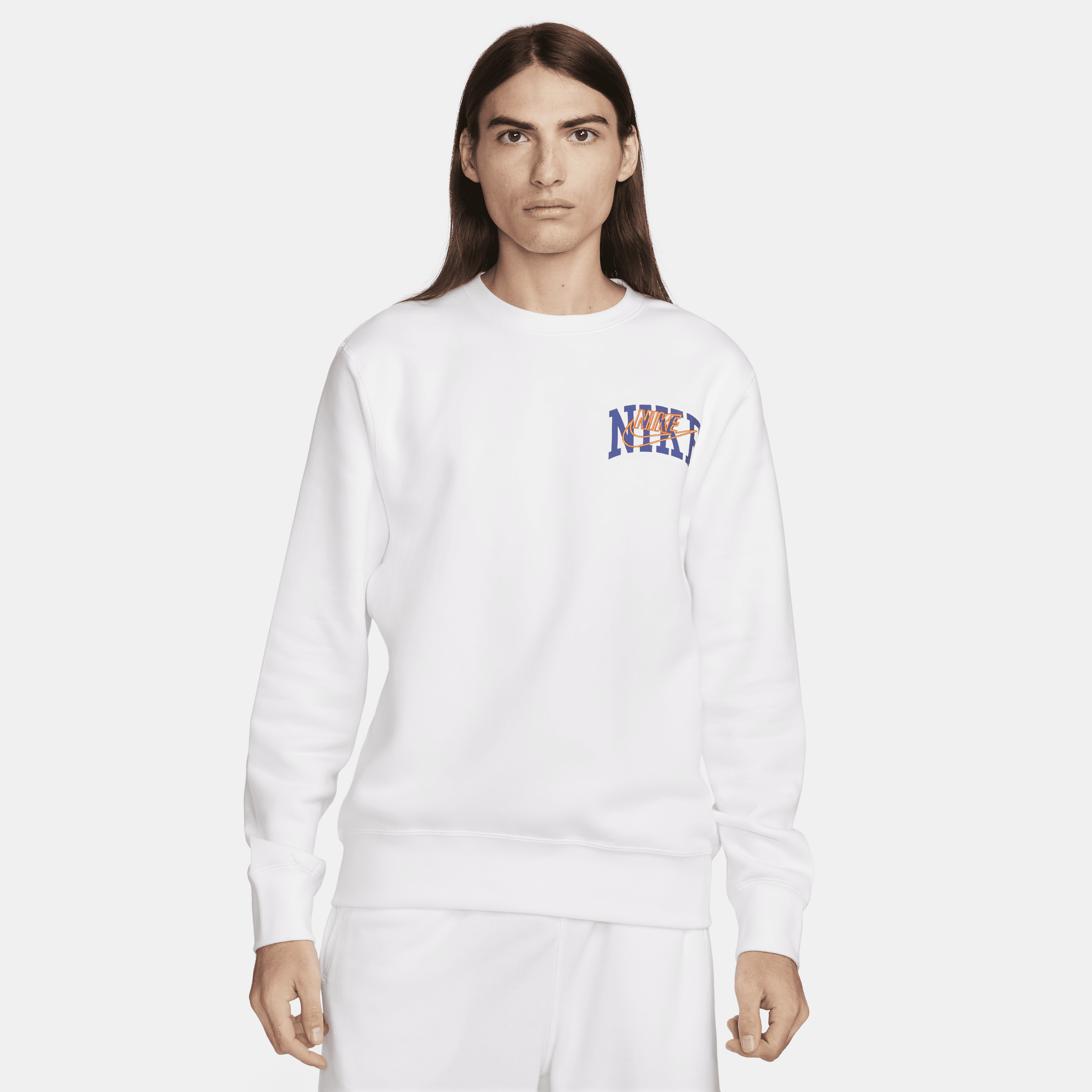 Shop Nike Men's Club Fleece Long-sleeve Crew-neck Sweatshirt In White