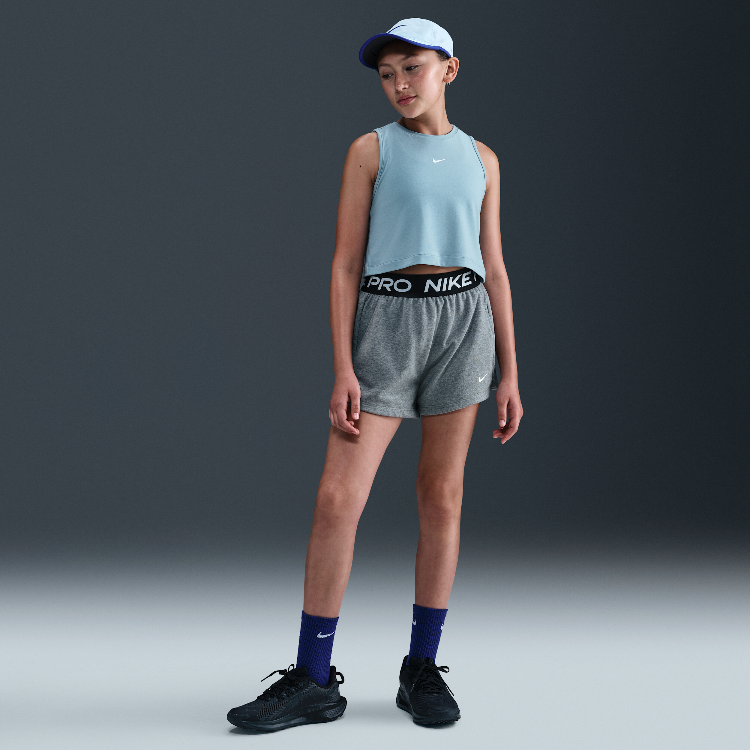 Nike Pro Fleece Big Kids' (Girls') Dri-FIT Shorts in Grey | HQ9313-091