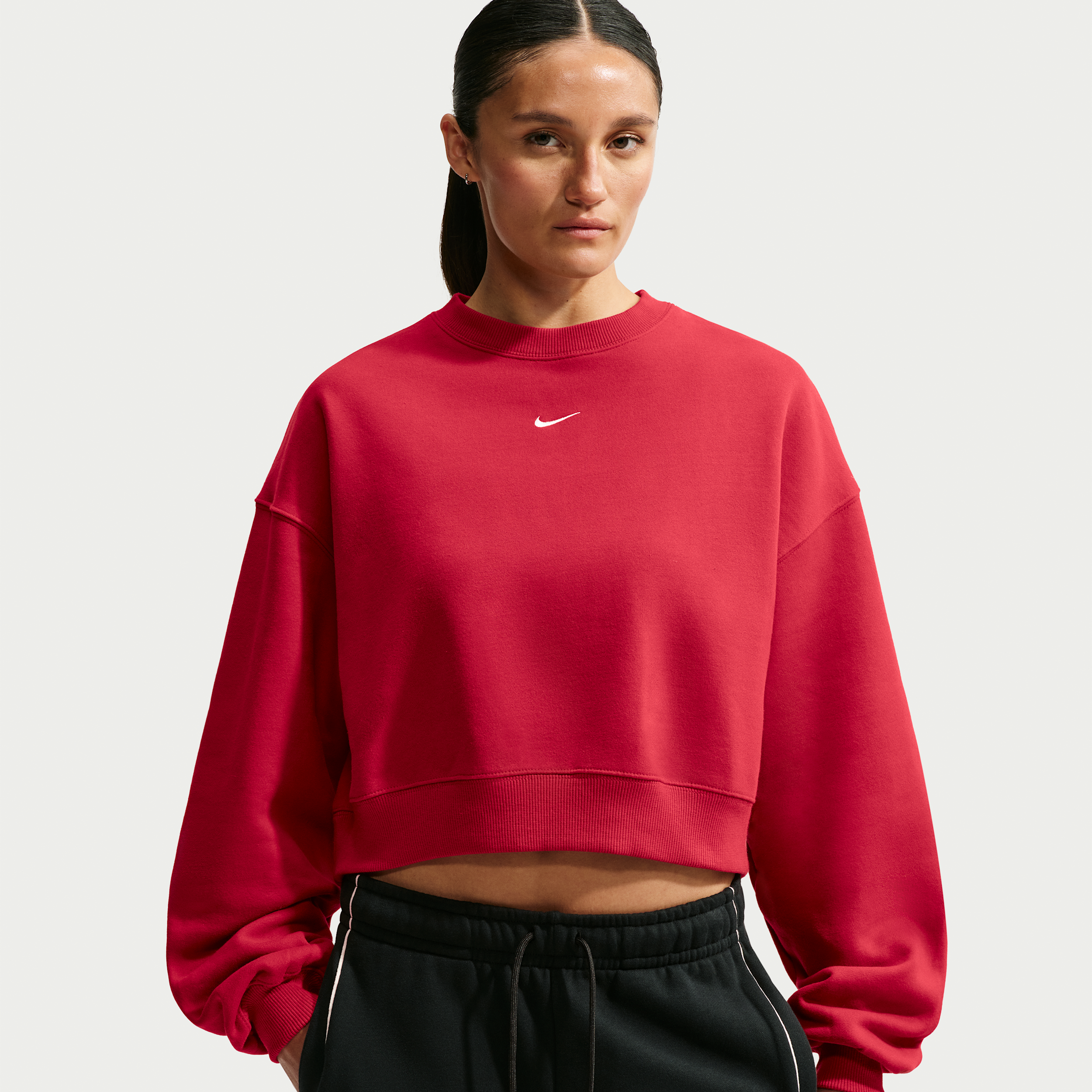 Nike Women's Studio Fleece Medium Weight Oversized Cropped Crew in Red | IM8497-608