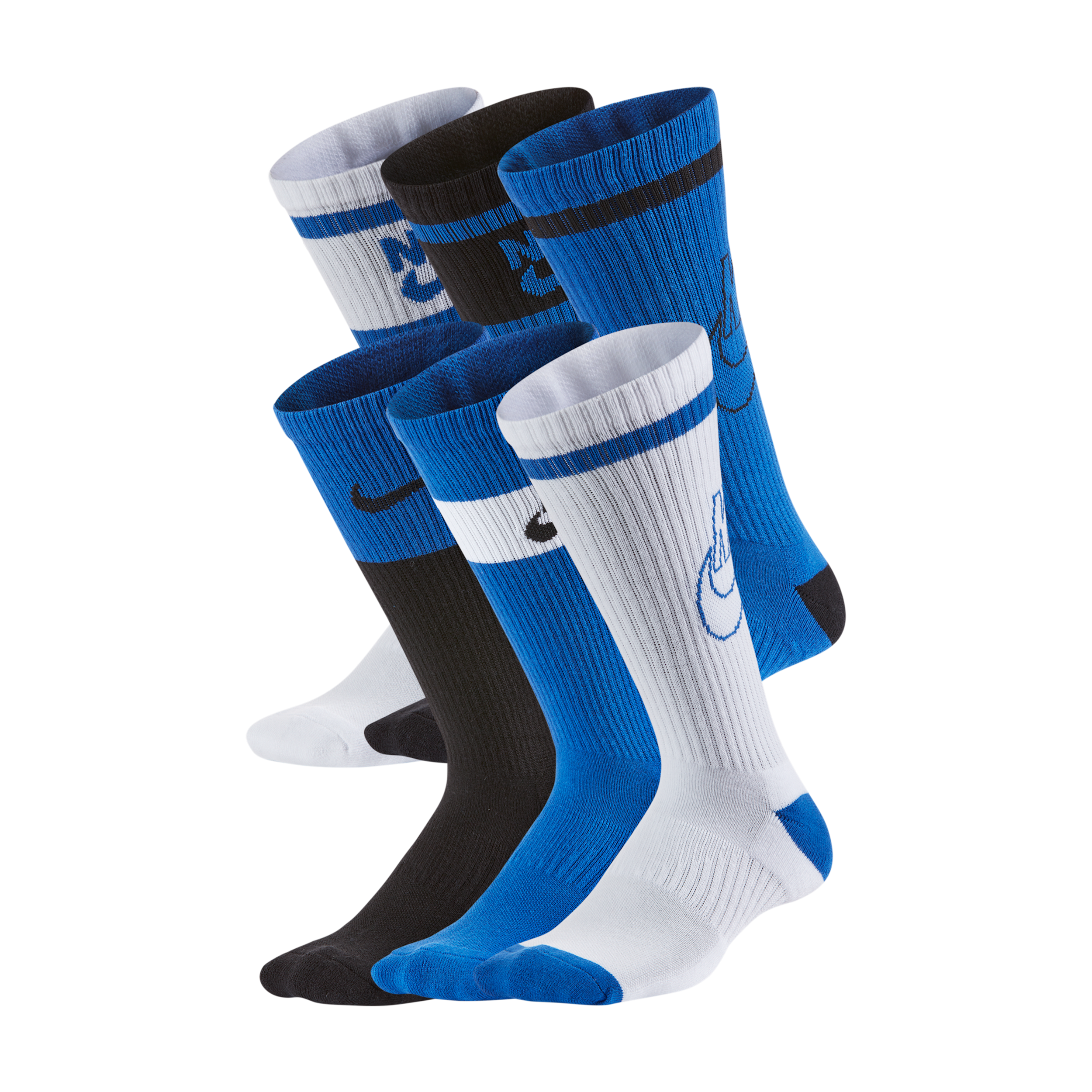 Nike Boys 6 Pack Cushioned Crew Socks - Boys' Grade School - White / Black / Blue