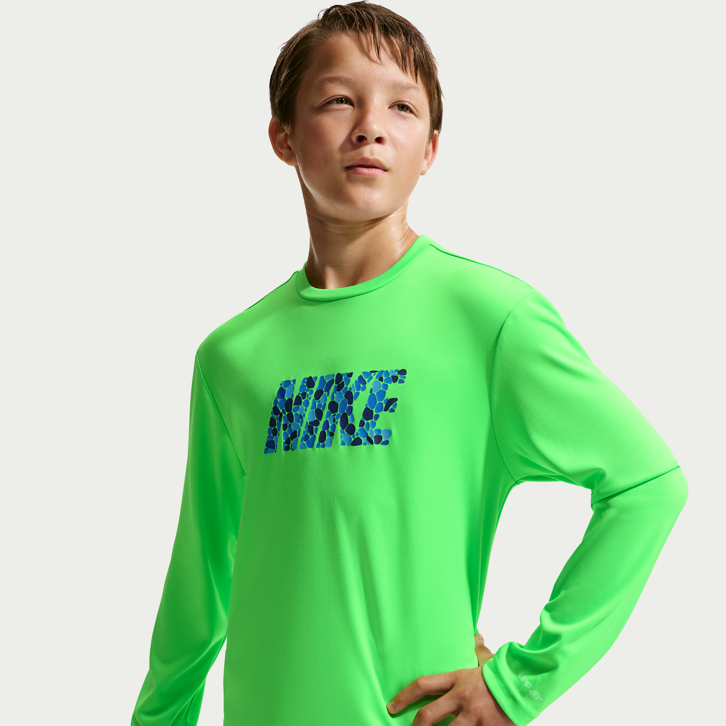 Nike Swim Hydroguard Big Kids' (Boys') Dri-FIT UV Long Sleeve Top in Green | NESSG842-311