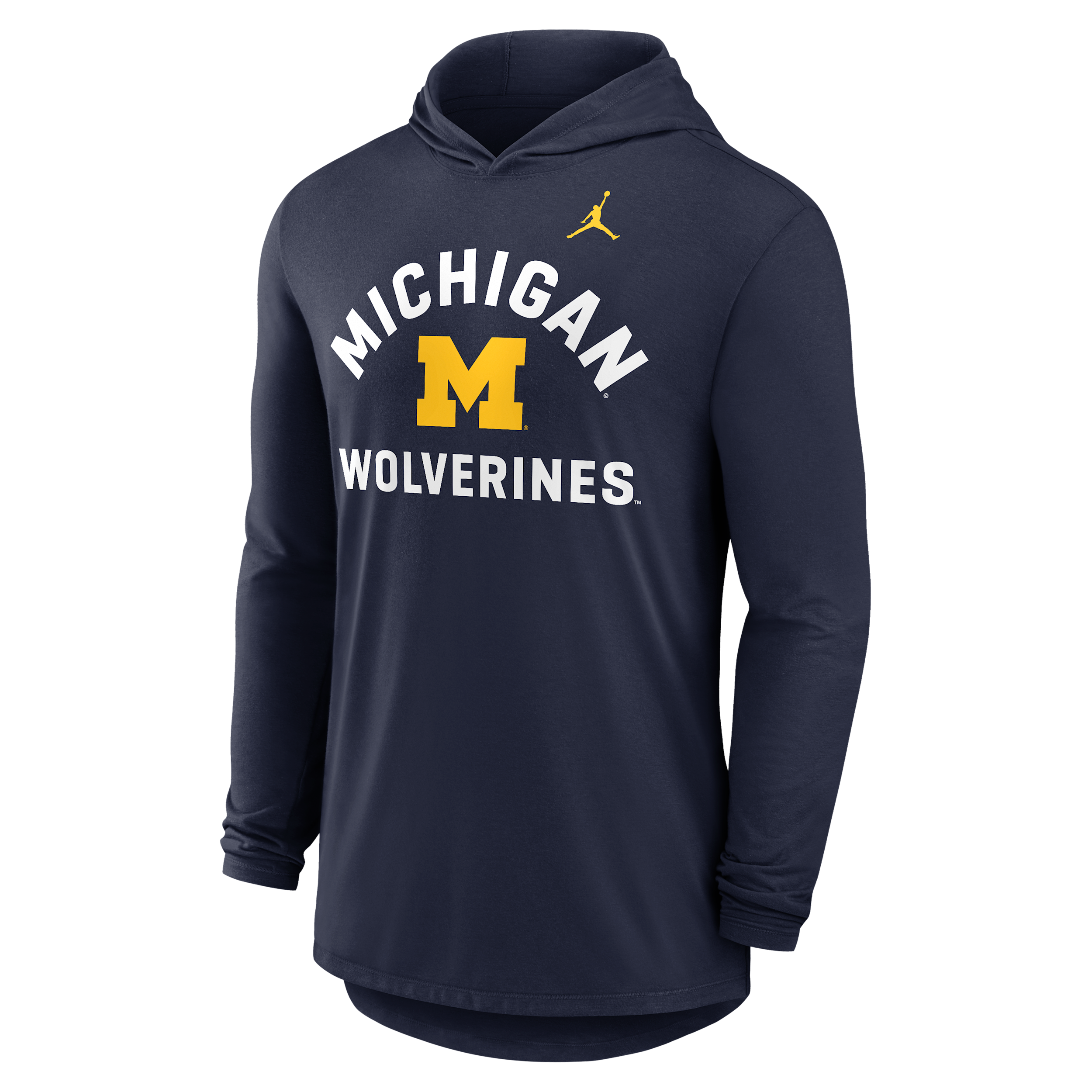 Men's Michigan Primetime Arch Jordan Brand Dri-FIT College Long-Sleeve Hooded T-Shirt in Blue | 0JNB41SMWN-UKL