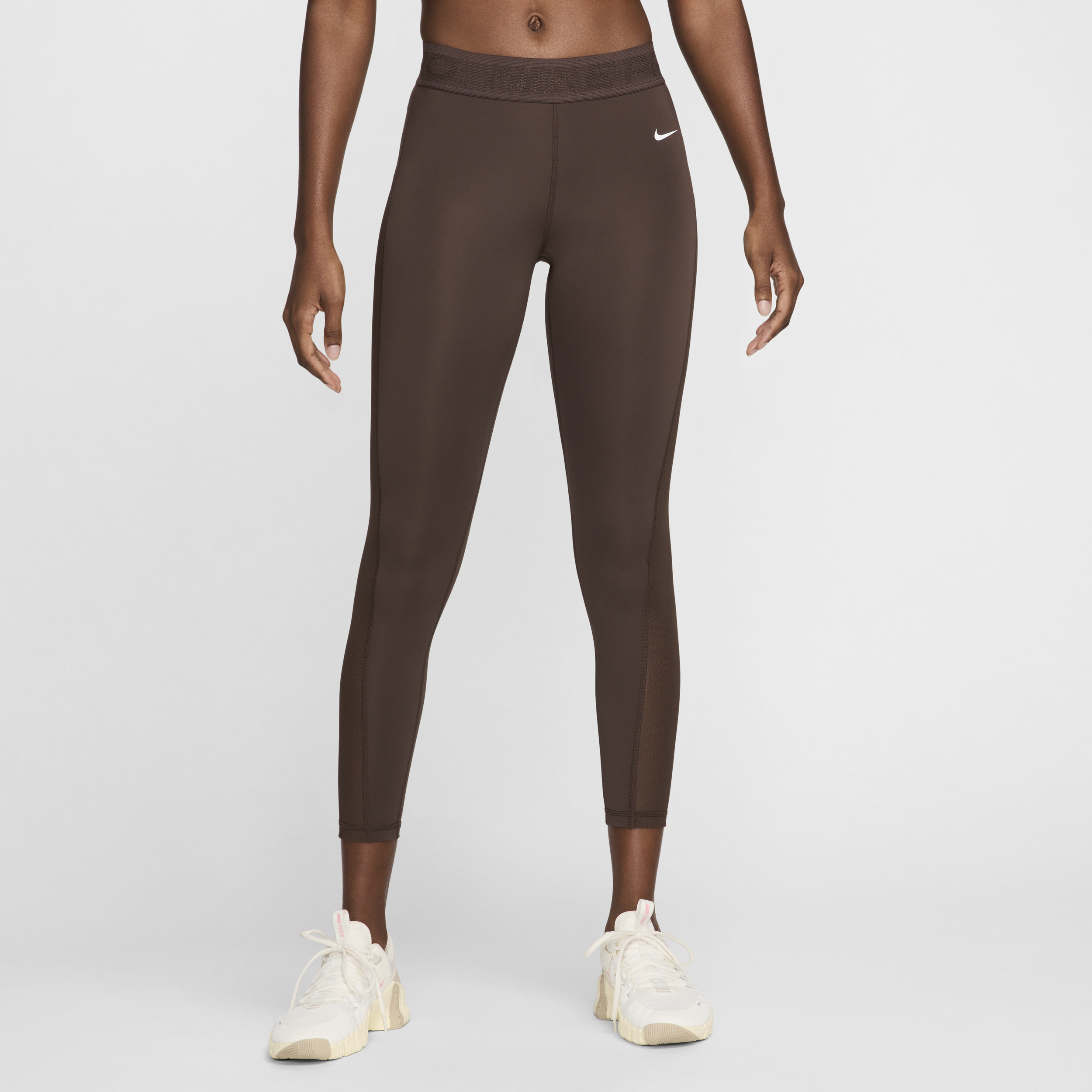 Shop Nike Women's  Pro Mid-rise 7/8 Mesh-paneled Leggings In Brown
