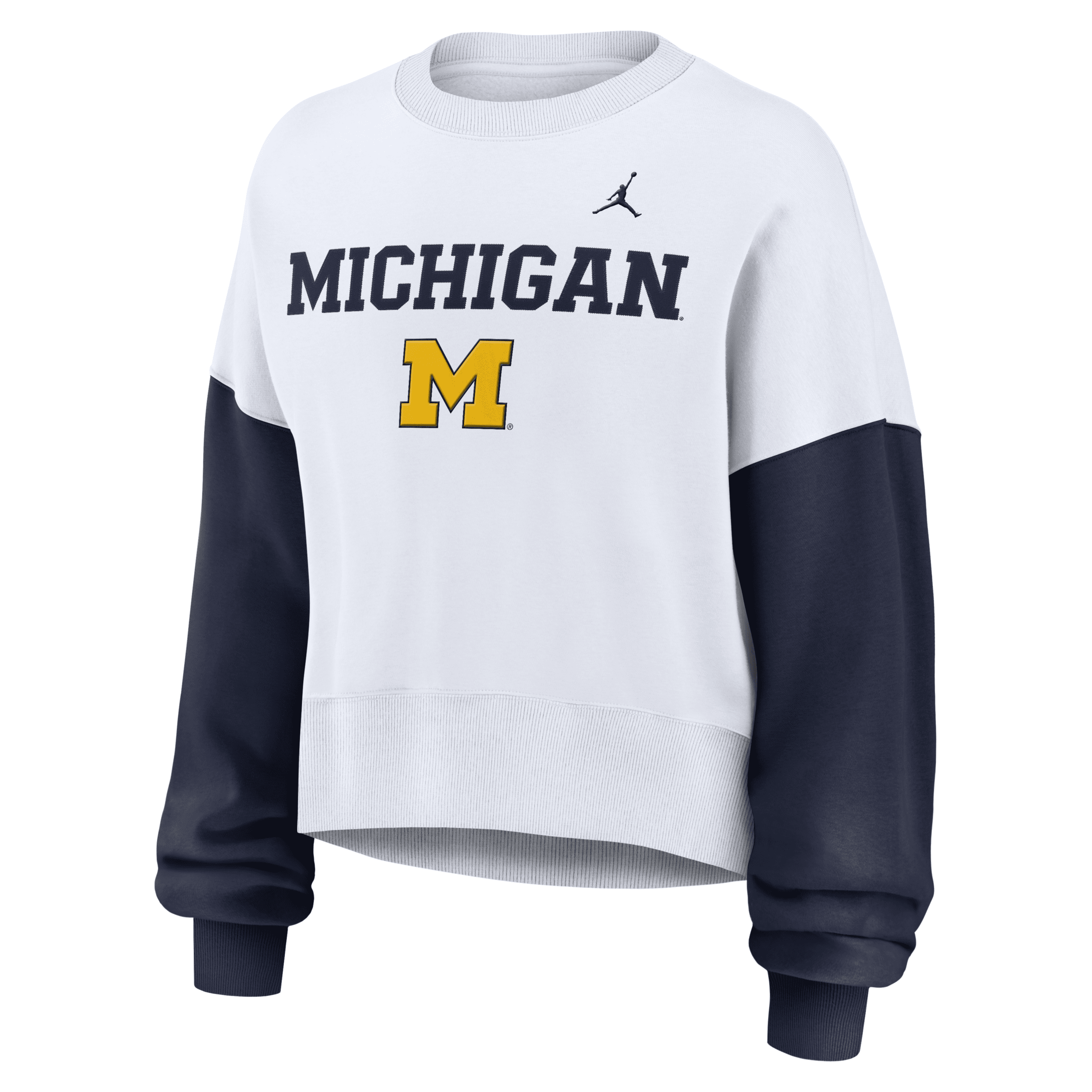 Nike Women's White Michigan Wolverines Color-block Oversized Cropped Pullover Sweatshirt In White