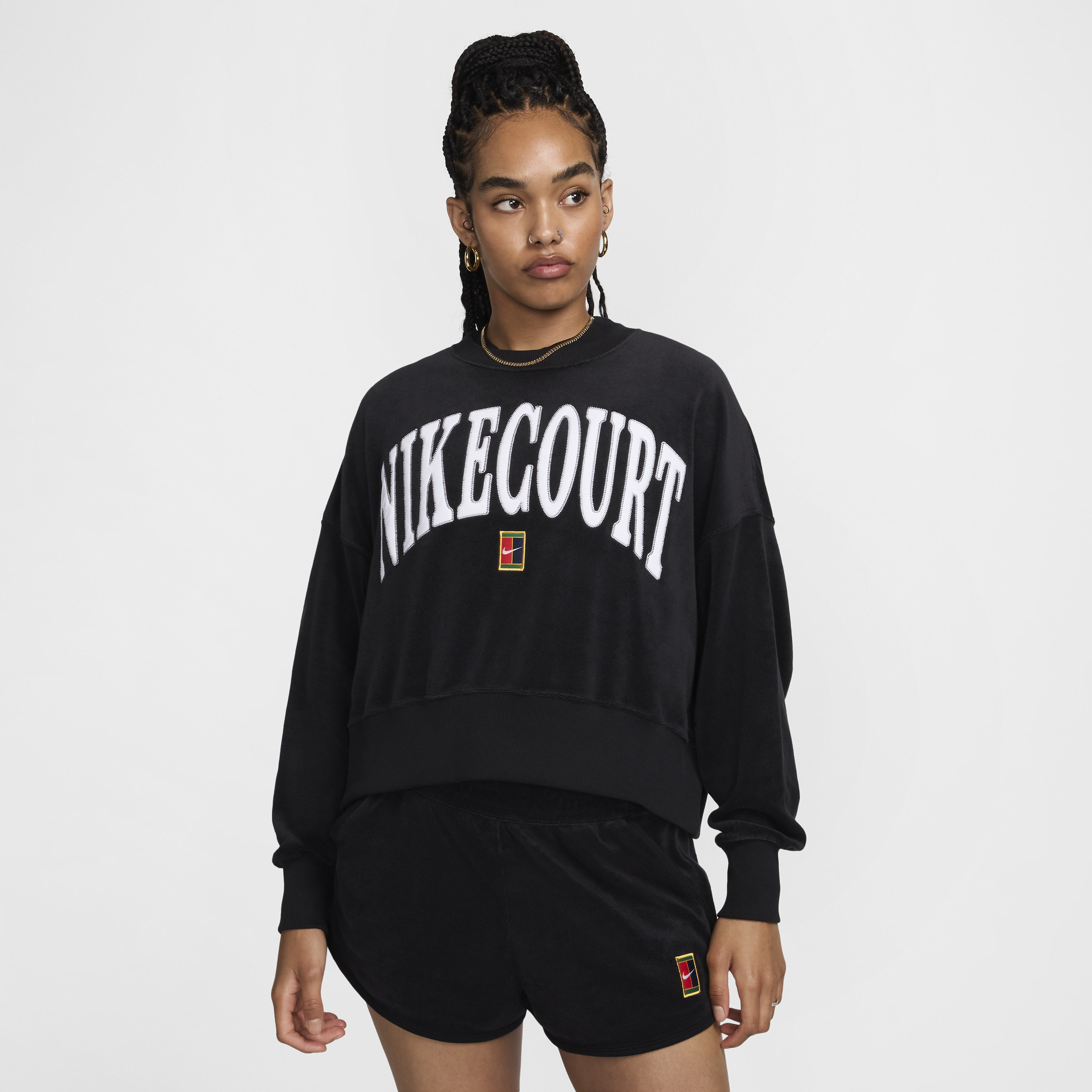 Nike Court Phoenix Fleece Over Oversized Heritage Sweatshirt Black/flat Pewter/white In Black
