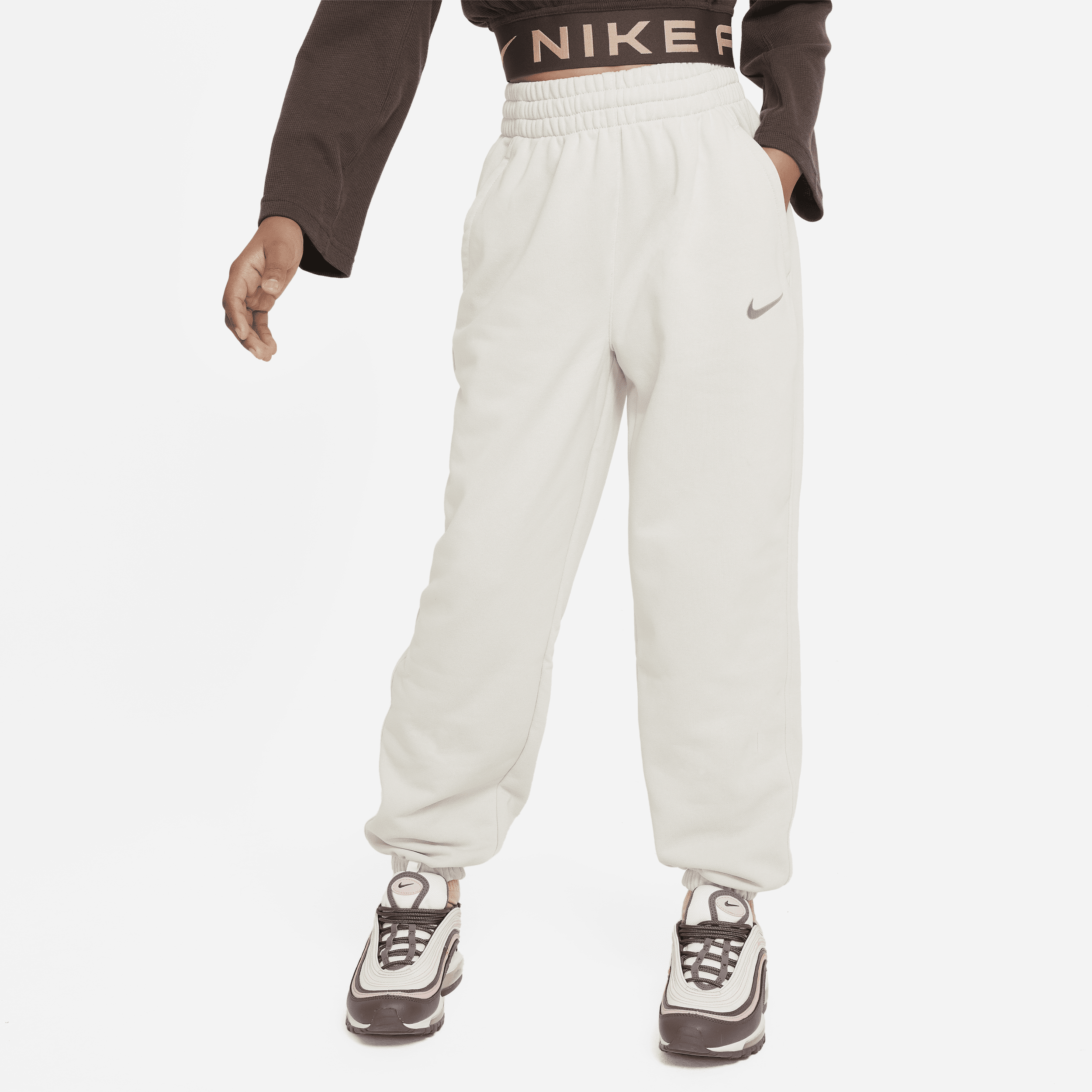 Shop Nike Sportswear Big Kids' (girls') Dri-fit Loose Fleece Jogger Pants In Grey
