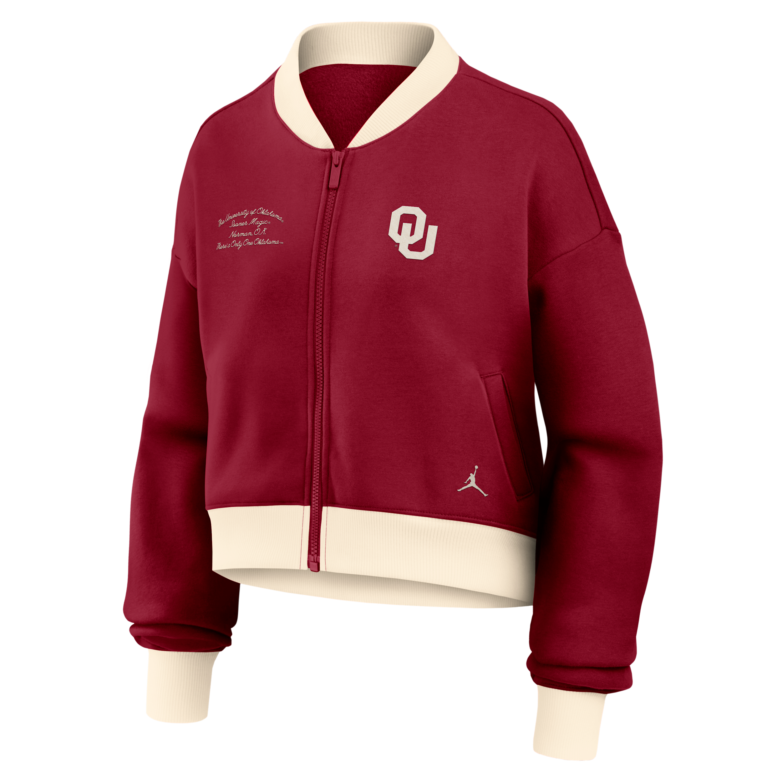 Women's Oklahoma Academic Jordan Brand College Oversized Cropped Full-Zip Bomber Jacket in Red | 0J0M0E8IOKN-XVR