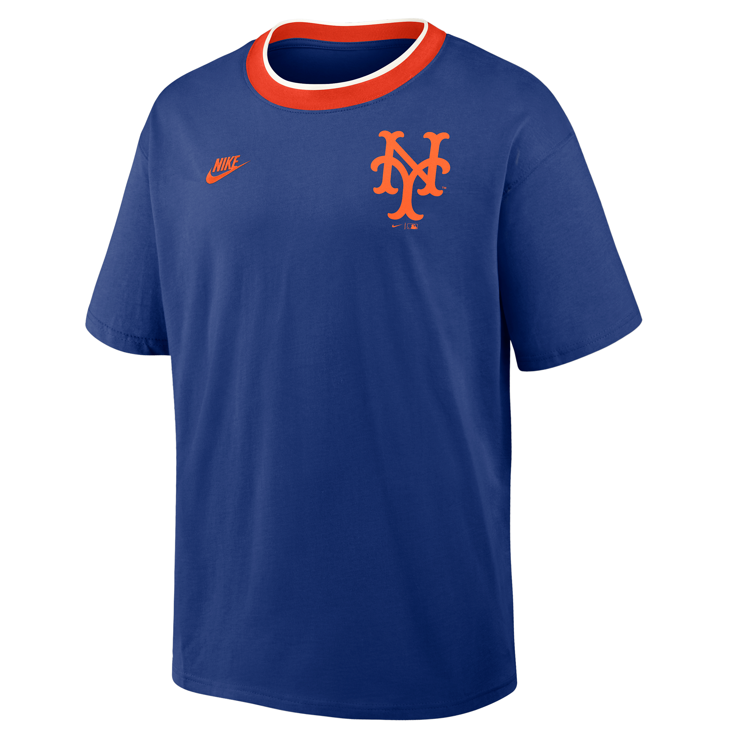 New York Mets Cooperstown Ringer Nike Men's MLB T-Shirt in Blue | 045Q0ISNM98-N3R