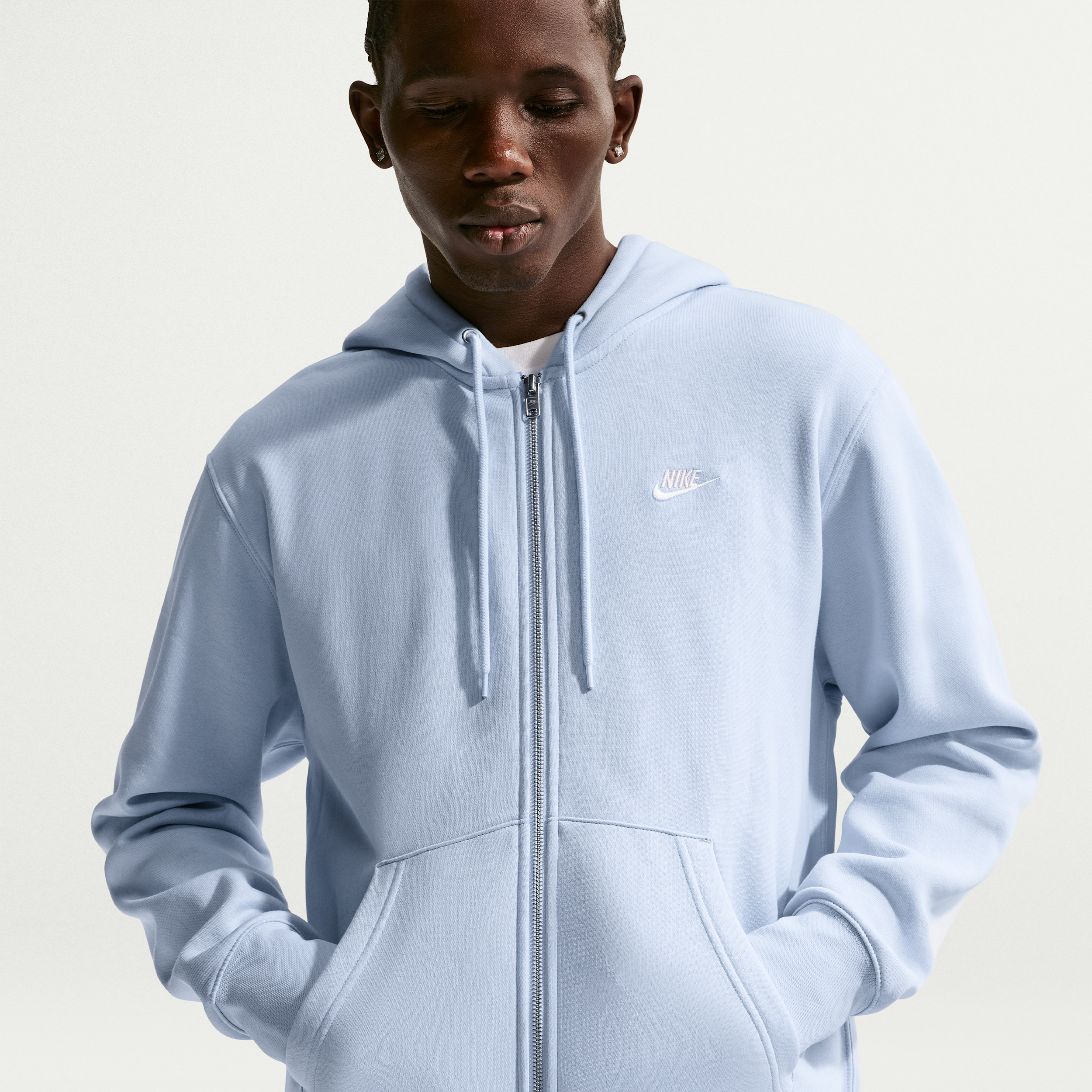 Nike Men's Club Fleece Embroidered Premium Full-Zip Hoodie in Hydrogen Blue/Hydrogen Blue/White Size: Medium