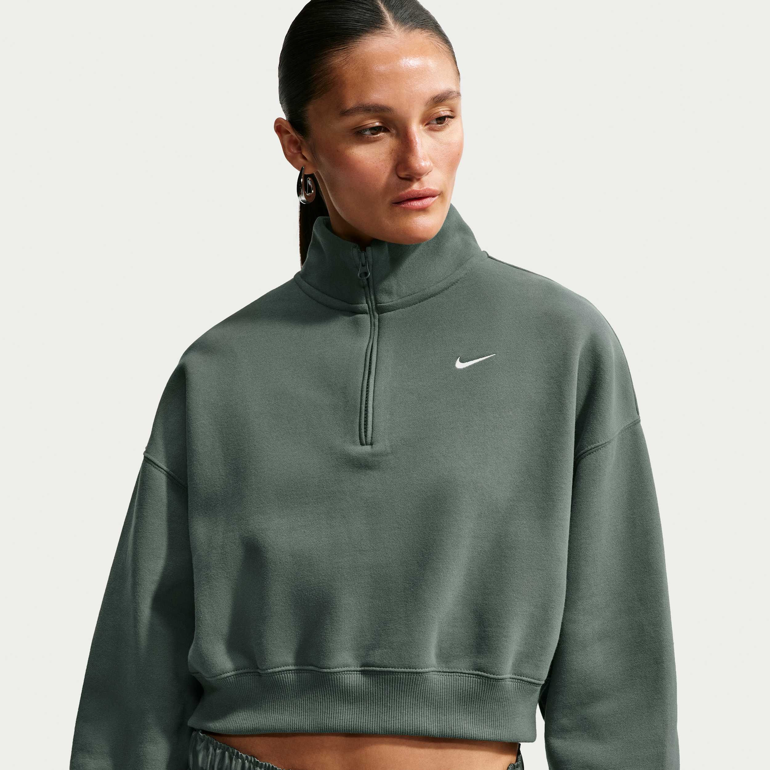 Nike Women's Studio Fleece Medium Weight Oversized 1/4-Zip Cropped Top, Small, Camo Green/Sail