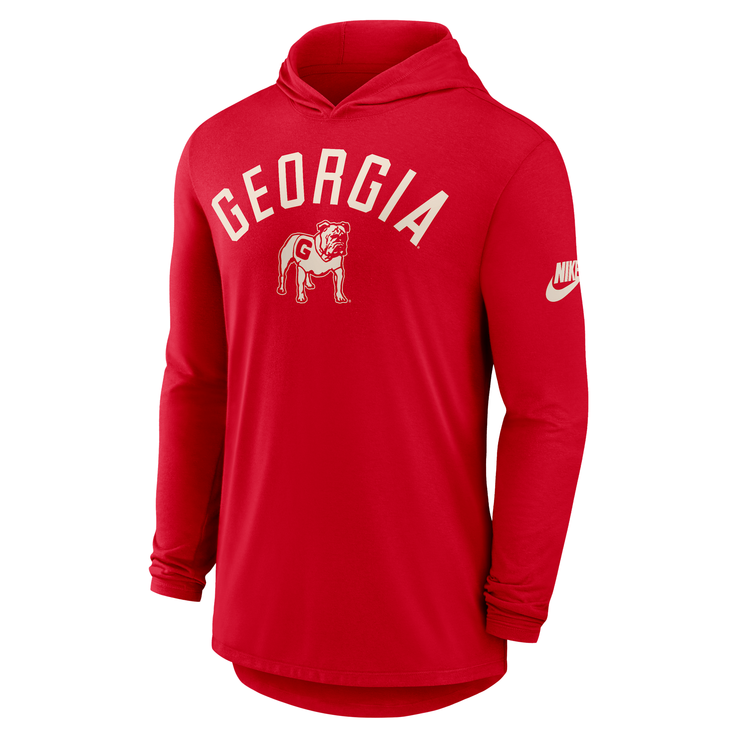 Georgia Legacy Arch Nike Men's Dri-FIT College Long-Sleeve Hooded T-Shirt in Red | 01NB65NUGV-3HJ