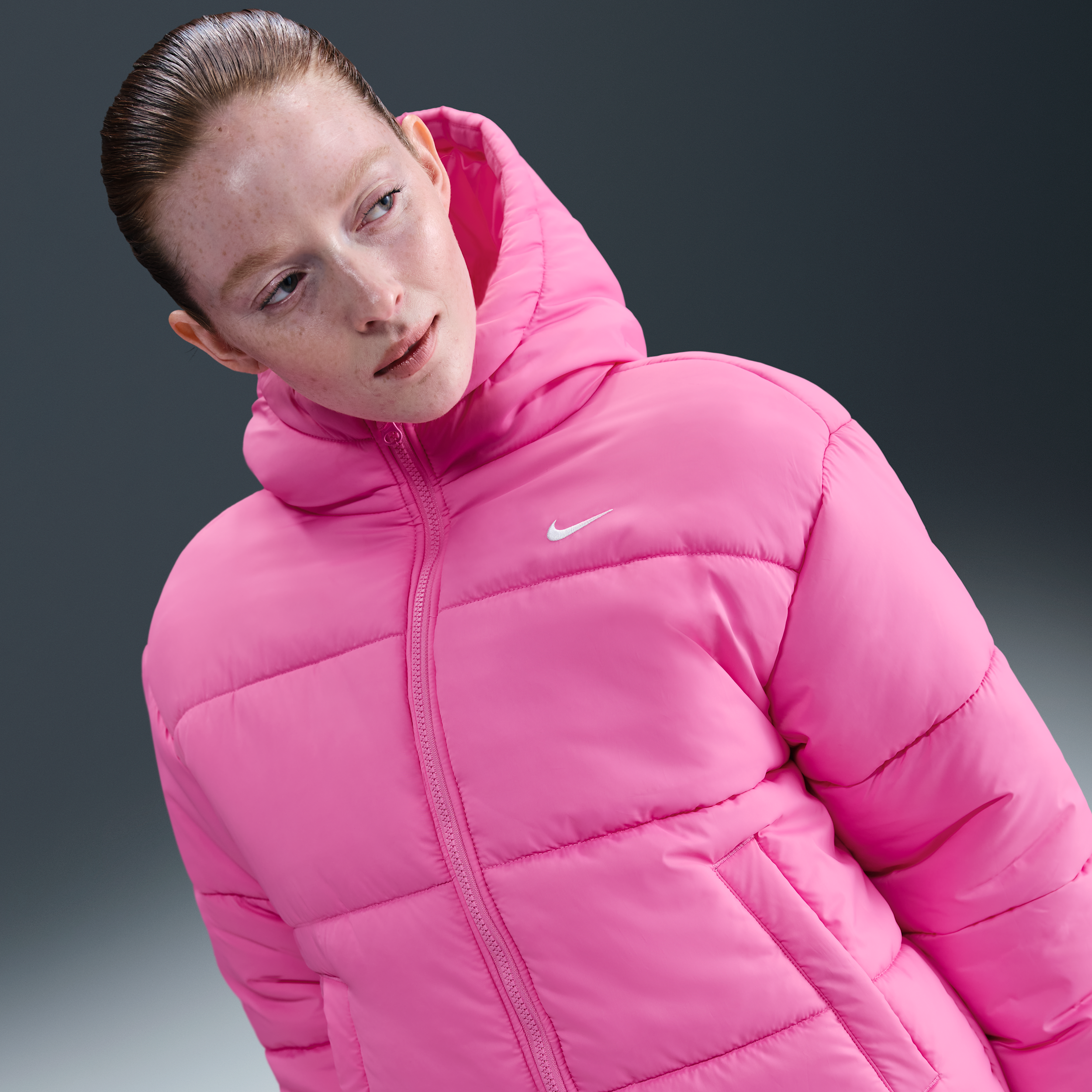Nike Women's  Sportswear Classic Puffer Therma-fit Loose Hooded Jacket In Pink