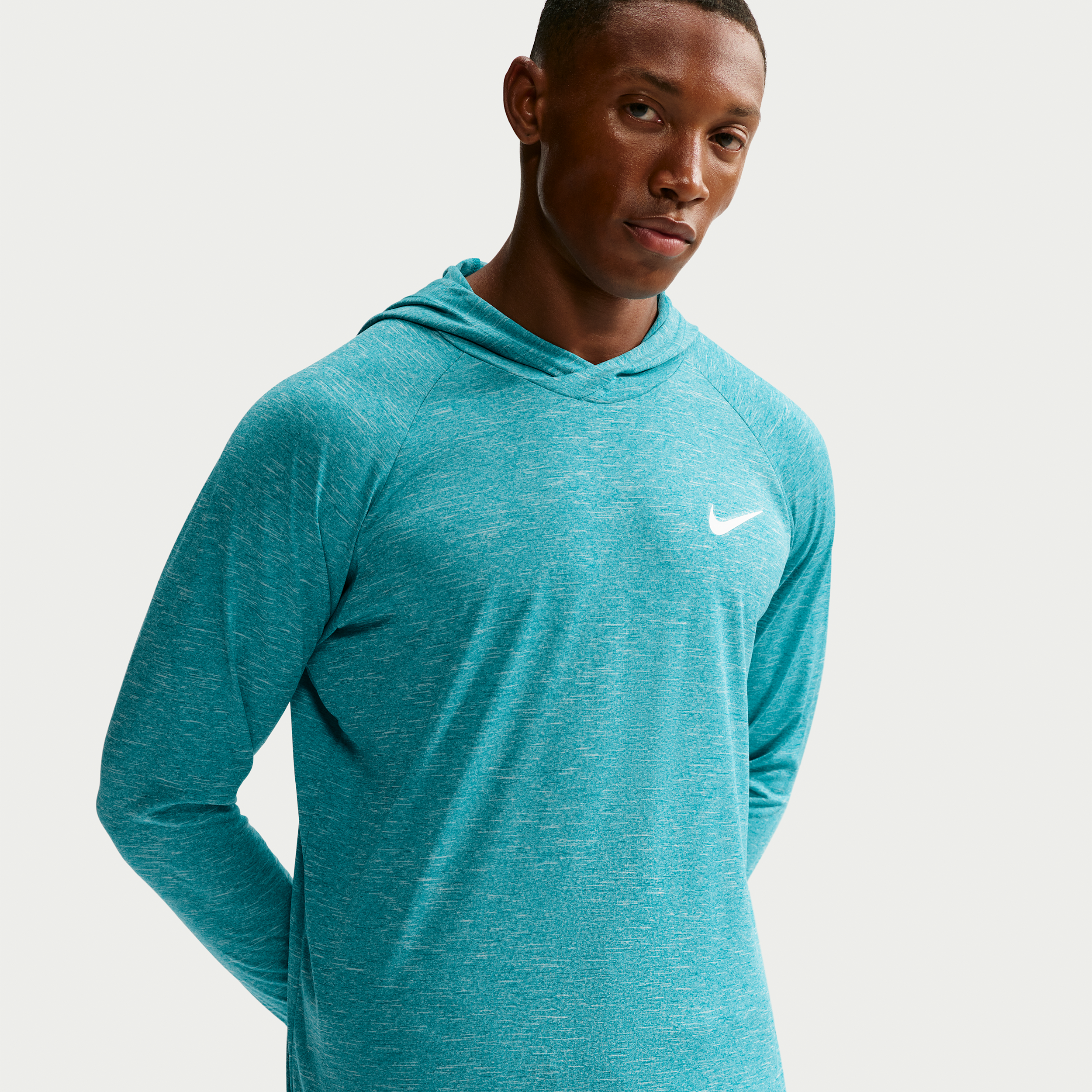 Nike Men's Swim Hydroguard Essential Dri-FIT UV Long Sleeve Hooded Top in Green | NESSB669-385
