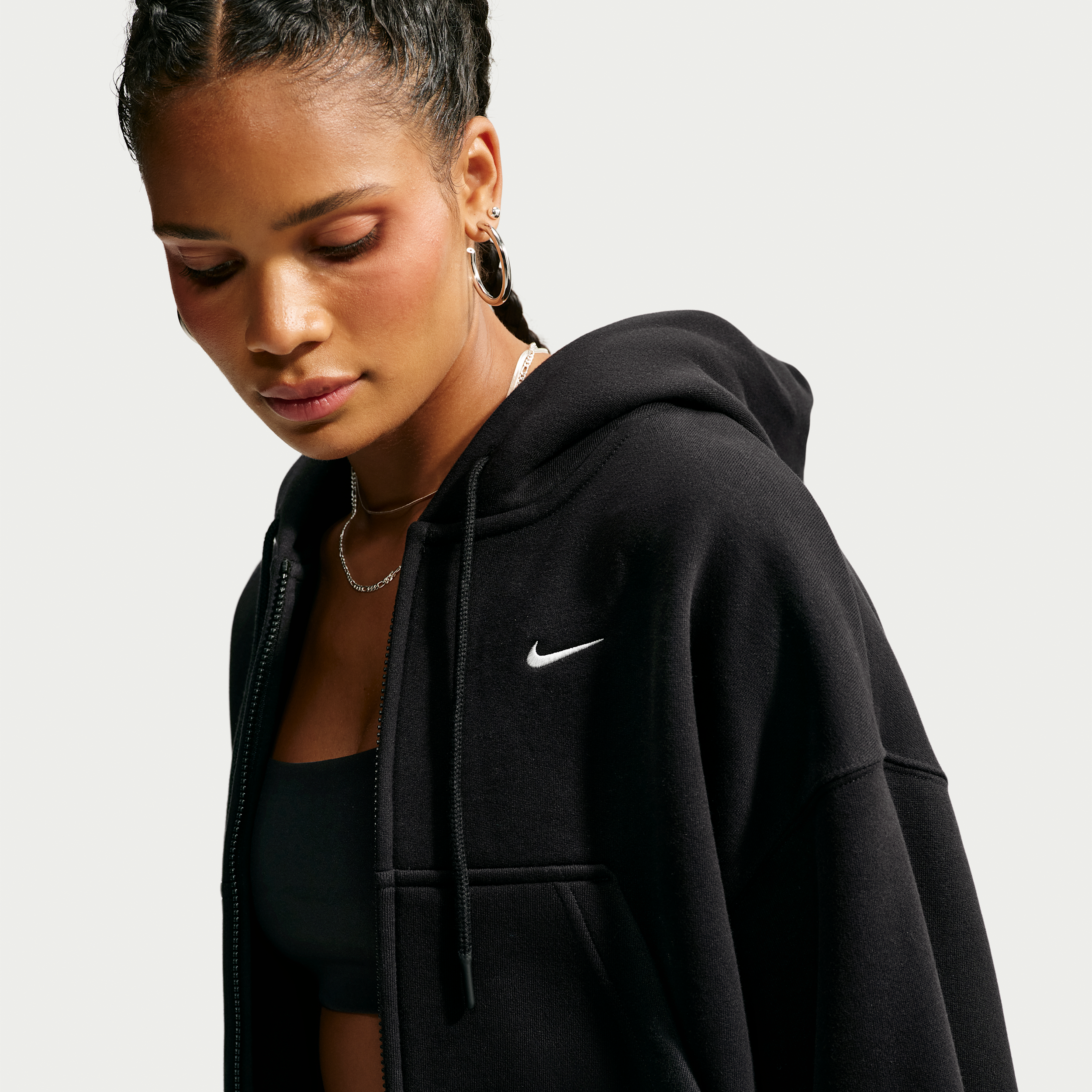 Nike Women's Studio Fleece Medium-Weight Oversized Cropped Full-Zip Hoodie in Total Black/Sail Size: XL