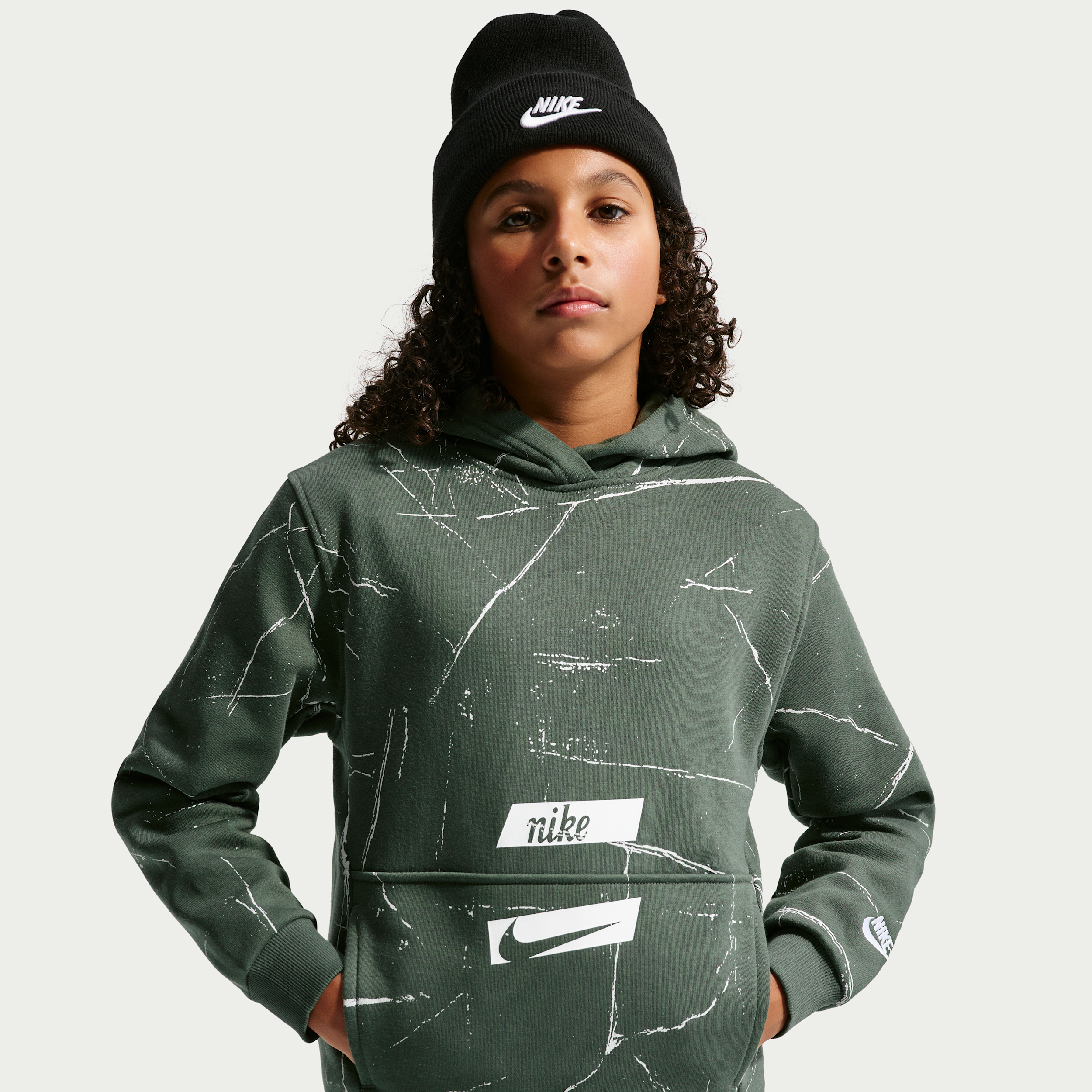 Nike Boys' and Girls' Sportswear Club Fleece Allover-Print Kangaroo Pocket Pullover Hoodie - Camo Green/White
