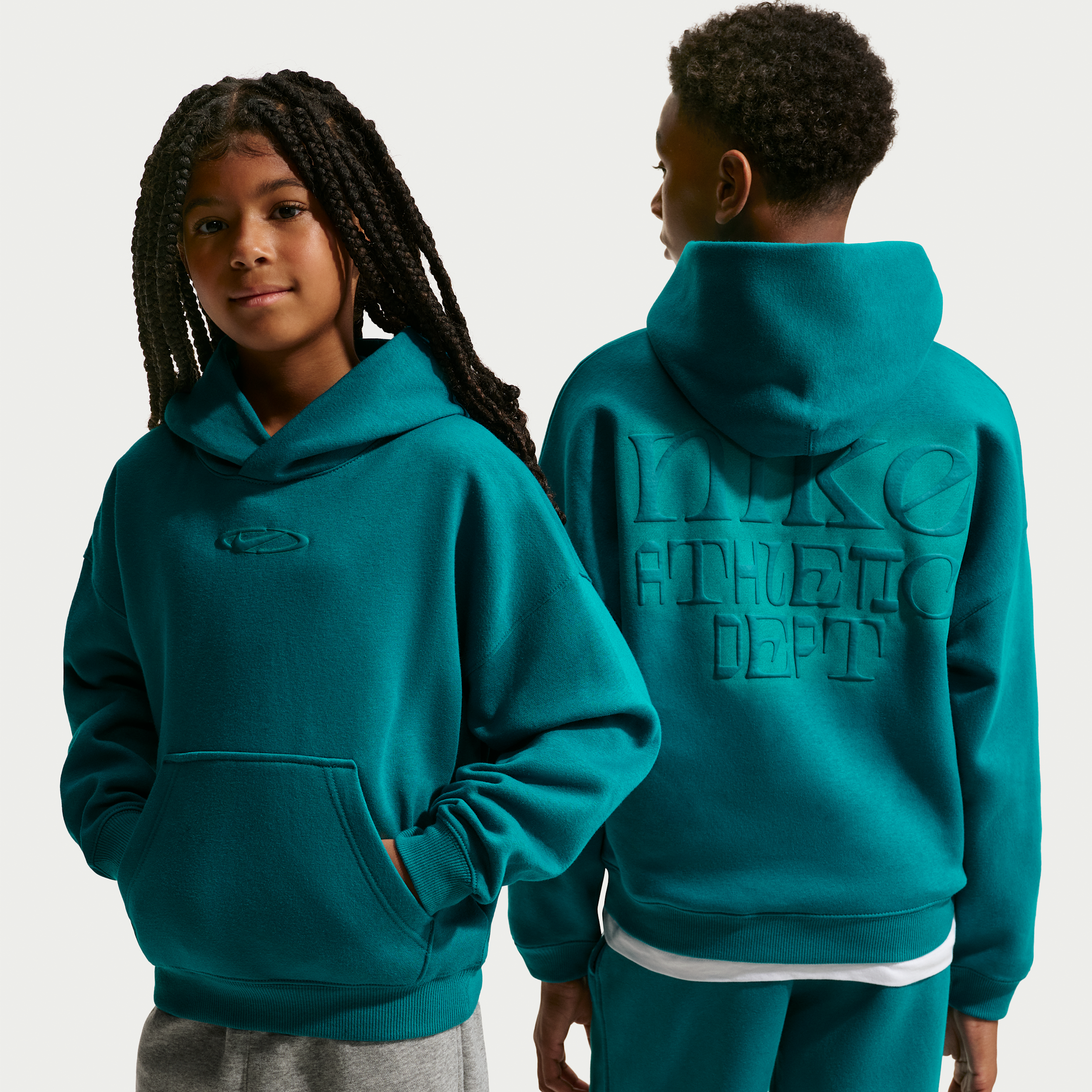 Nike Kids' Sportswear Club Select Fleece Oversized Graphic Hoodie, Small, Bright Spruce/Energy