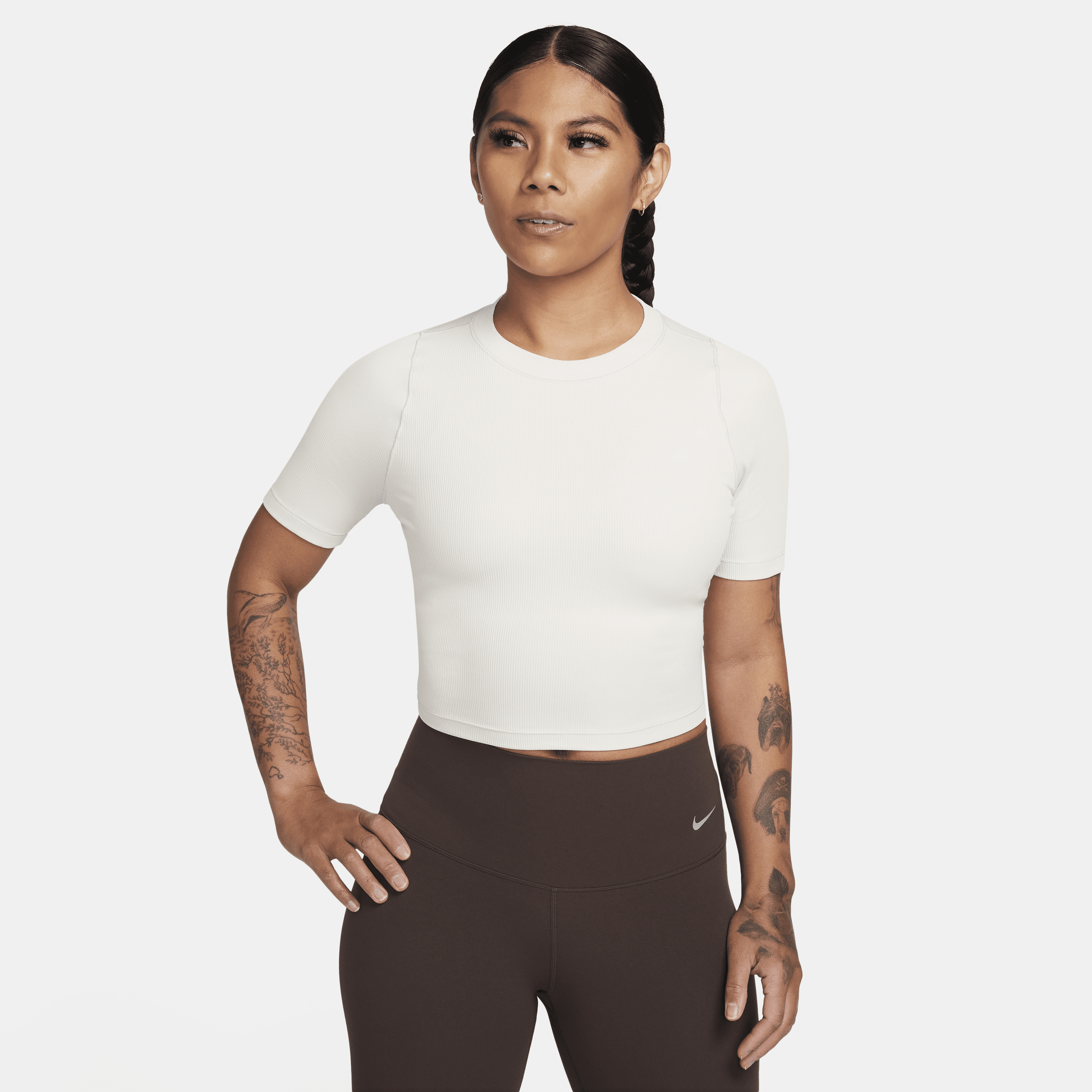 Shop Nike Women's Zenvy Rib Dri-fit Short-sleeve Cropped Top In Brown