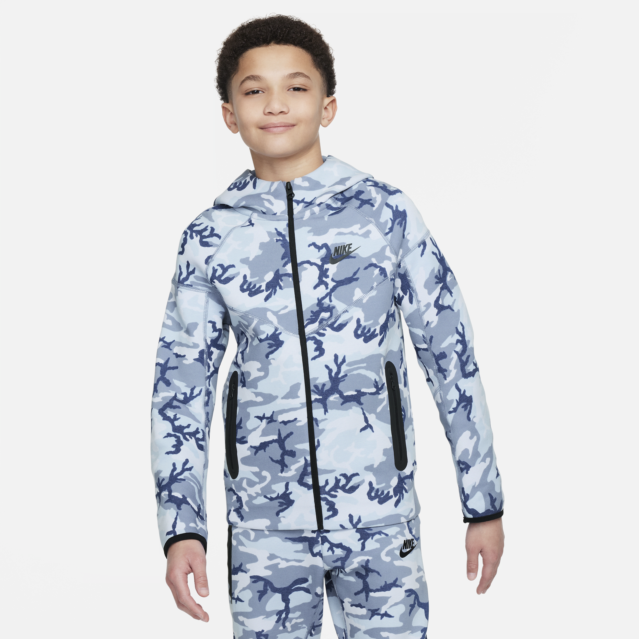 Shop Nike Tech Fleece Big Kids' (boys') Camo Full-zip Hoodie In Blue