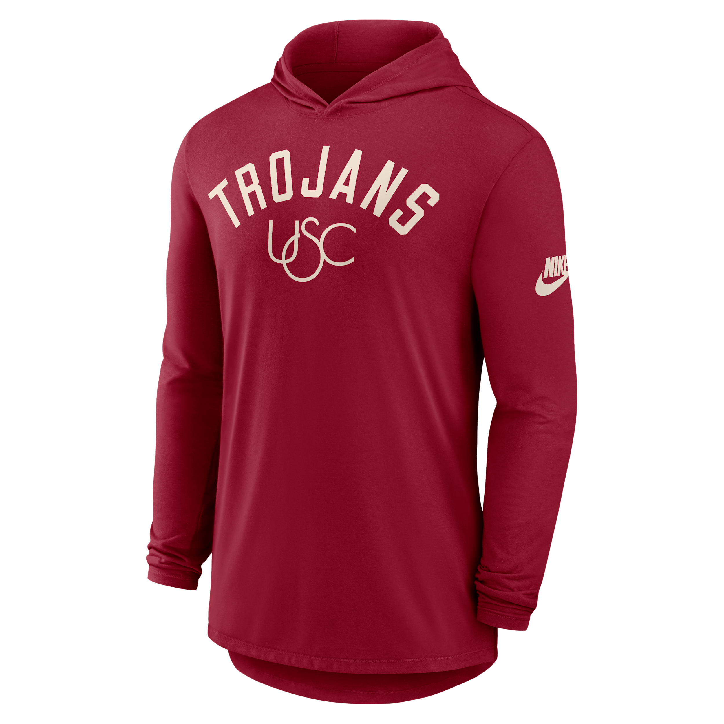 USC Legacy Arch Nike Men's Dri-FIT College Long-Sleeve Hooded T-Shirt in Red | 01NB69WSCV-3HJ