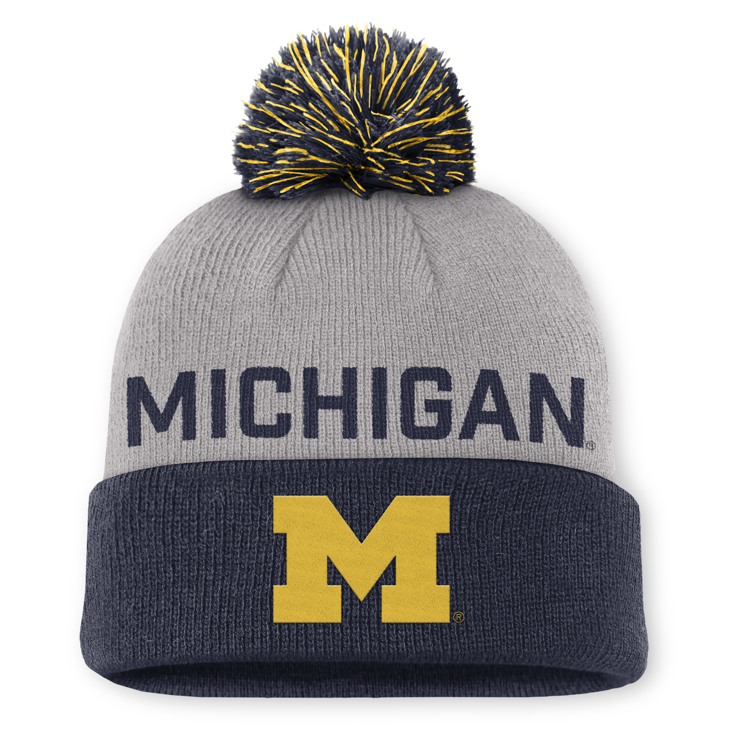 Jordan Men's Gray/navy Michigan Wolverines Primetime Peak Cuffed With Pom Knit Hat In Blue