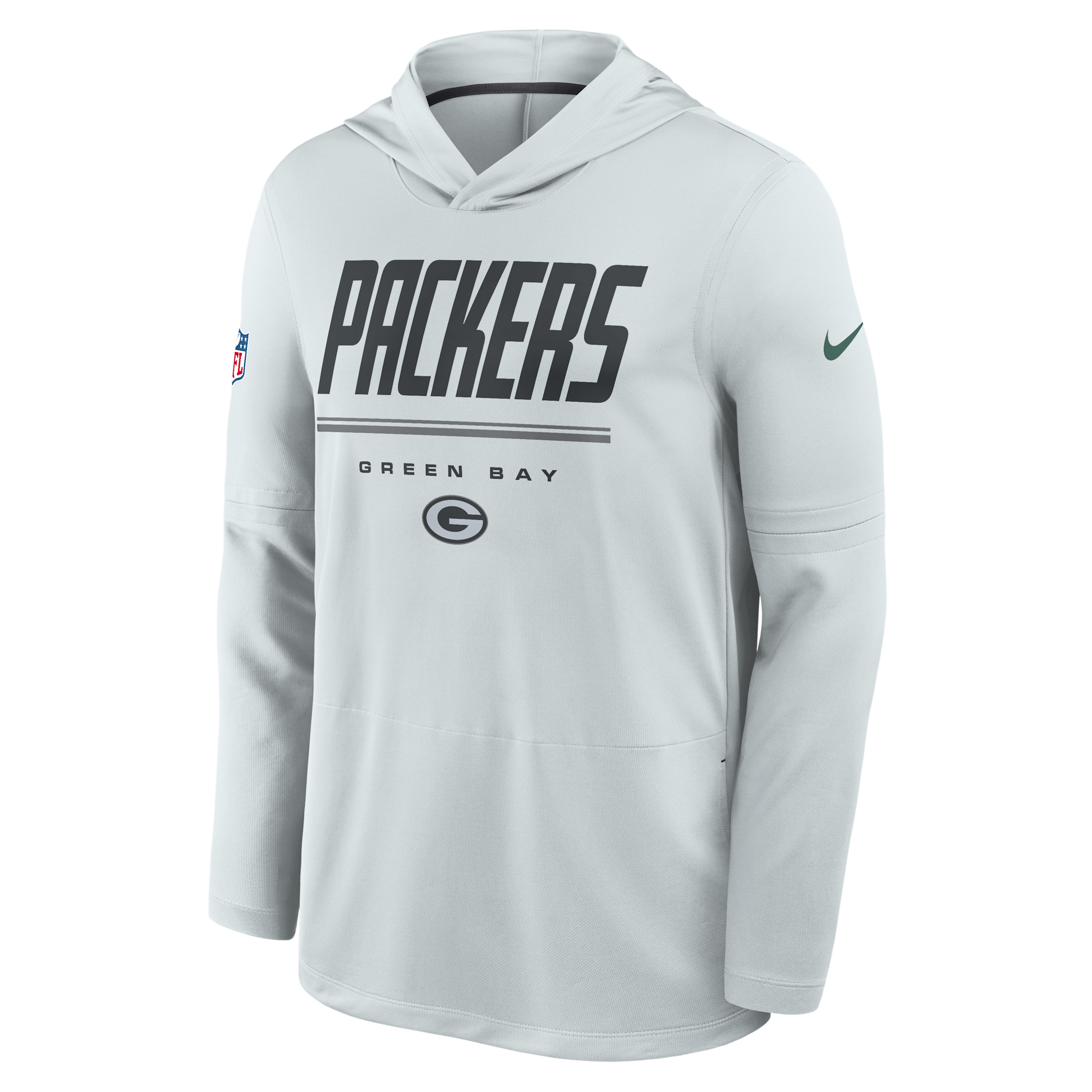 Nike Men's Platinum Green Bay Packers Sideline Lightweight Long Sleeve Hooded Dri-fit T-Shirt - Platinum, Charcoal