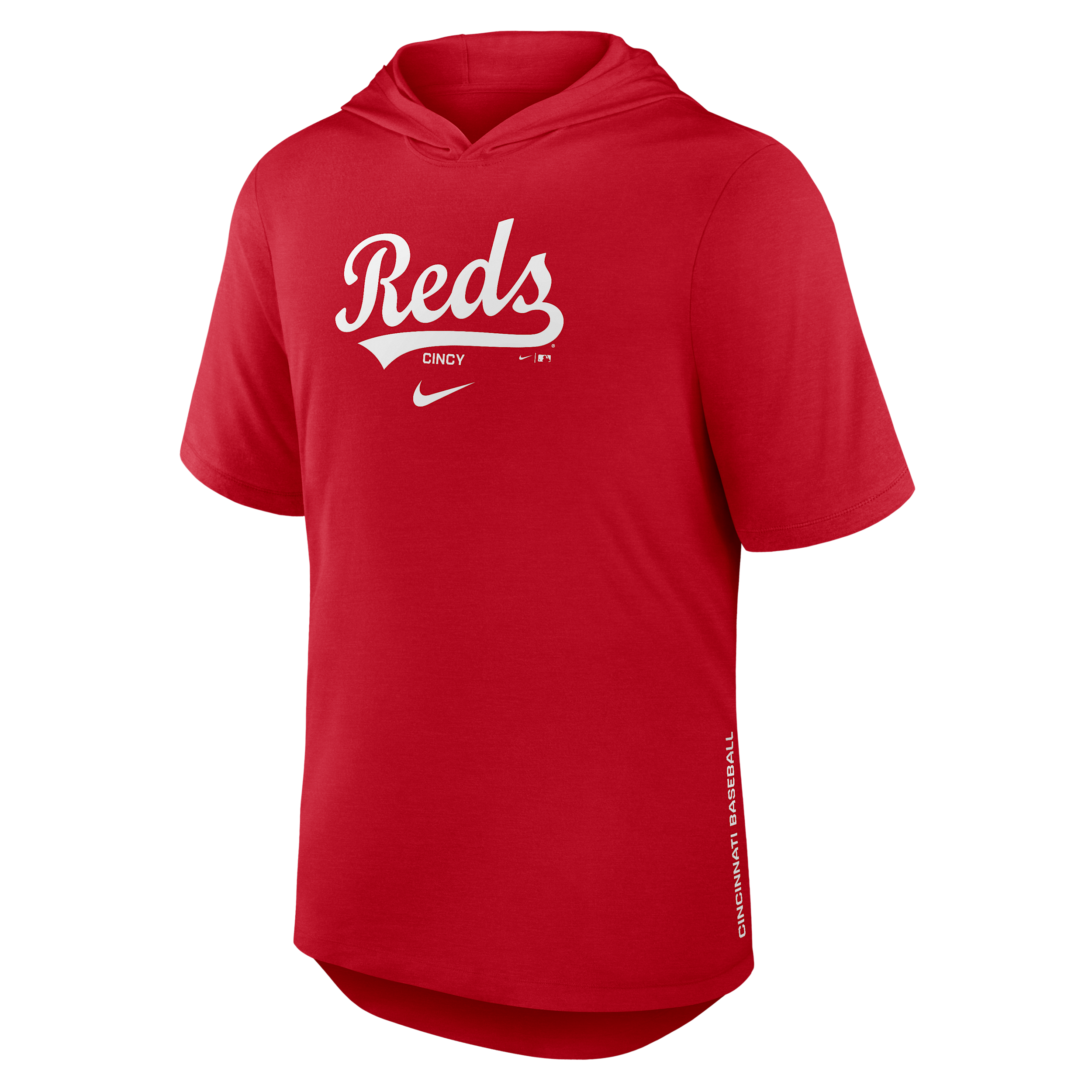 Cincinnati Reds Arched Wordmark Nike Men's Dri-FIT MLB Hooded T-Shirt in Red | 03NB62QRED-6XV