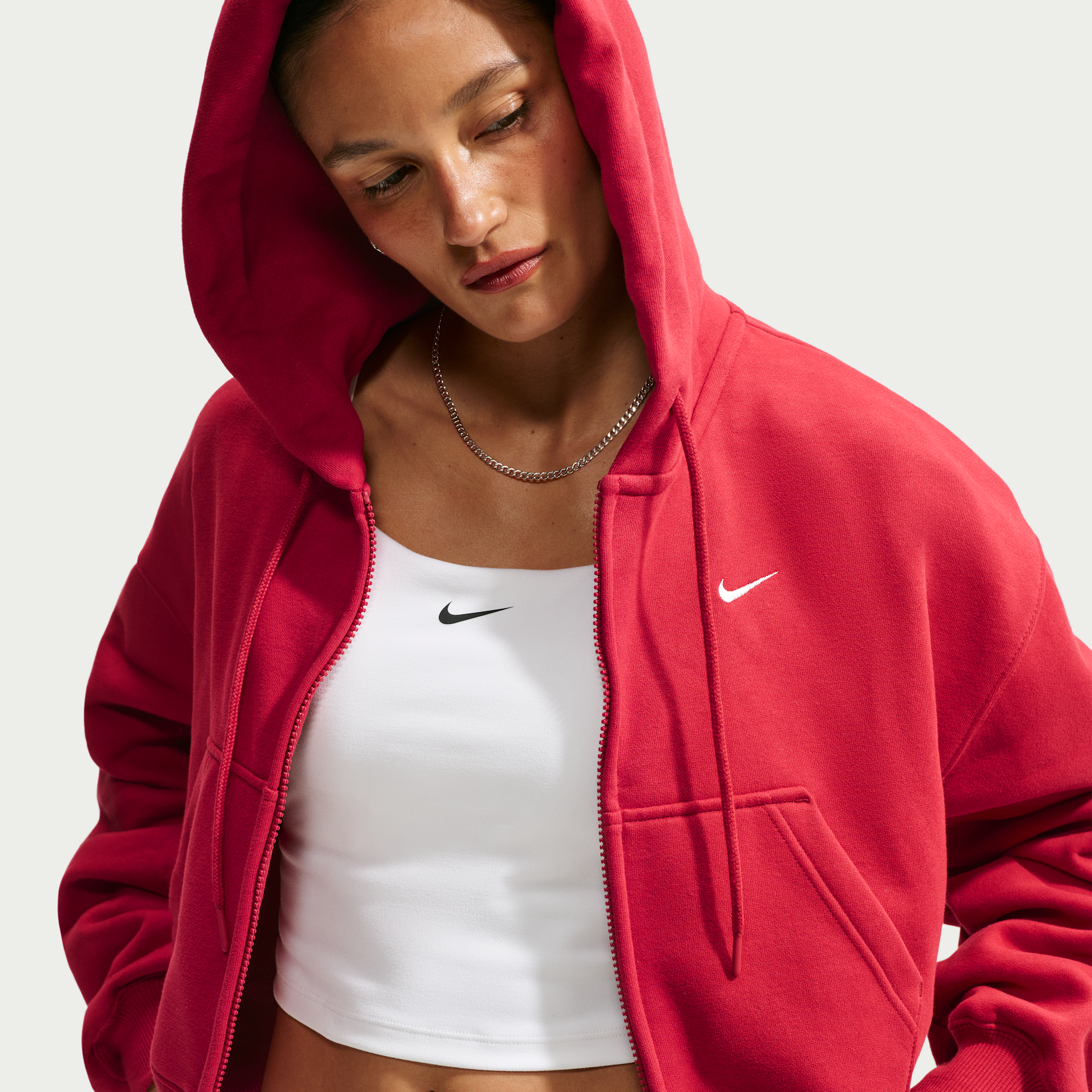 Nike Women's Studio Fleece Medium Weight Oversized Full-Zip Cropped Hoodie in Red | IM8499-608
