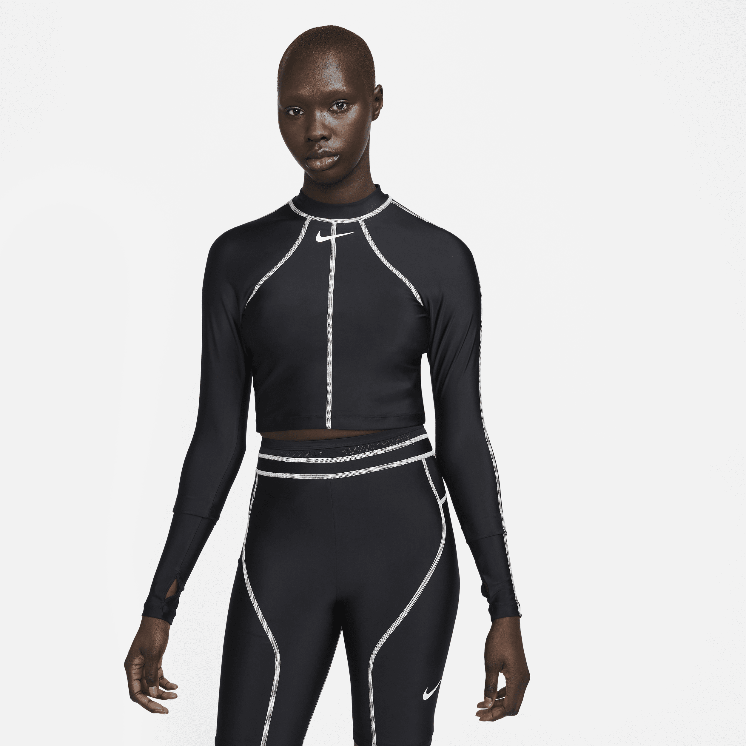 Nike Women's Fusion Long-sleeve Hydroguard Crop Swim Top In Black