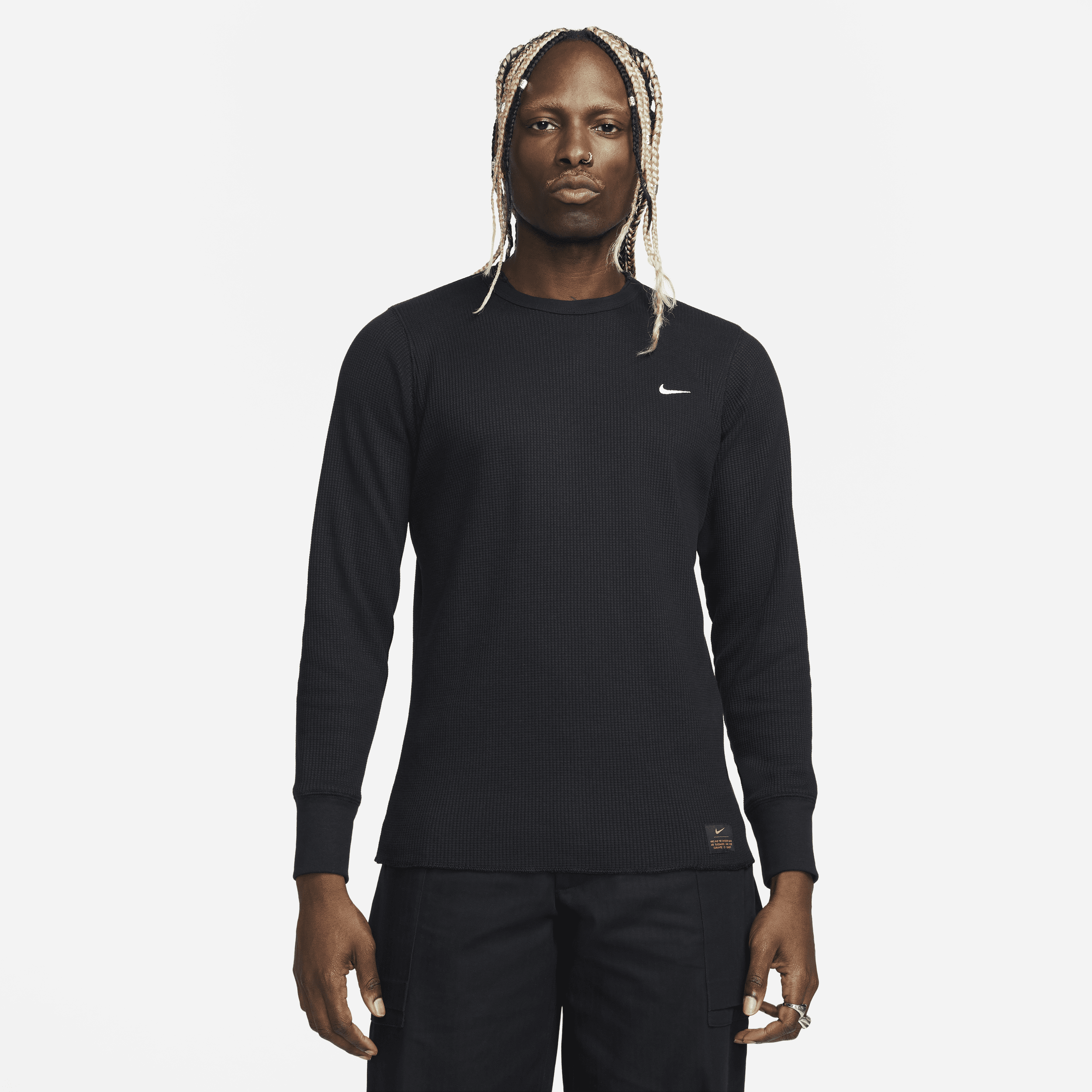 Shop Nike Men's Life Long-sleeve Heavyweight Waffle Top In Black