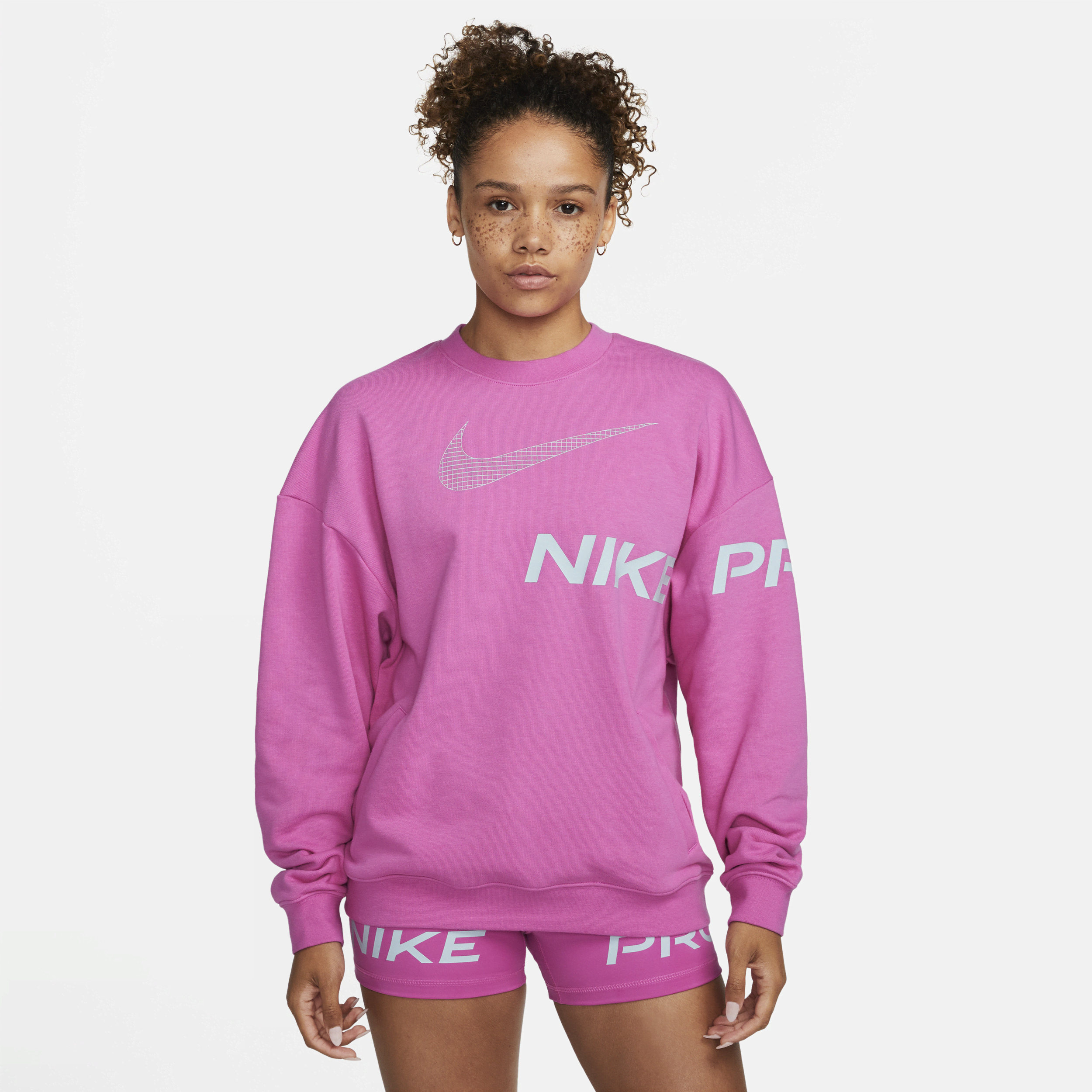 Nike Women's Dri-fit Get Fit French Terry Graphic Crew-neck Sweatshirt In Pink