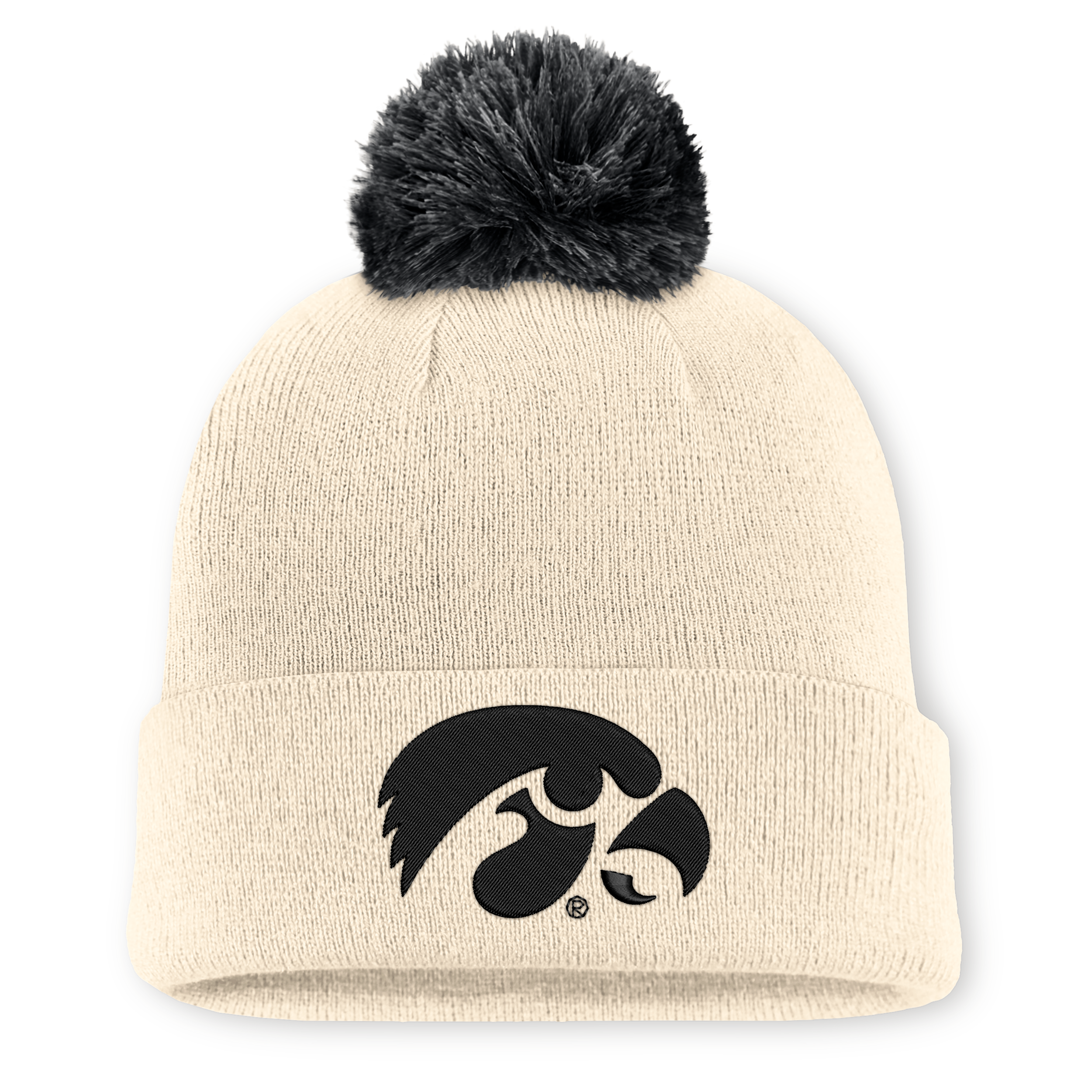 Men's and Women's Nike Natural Iowa Hawkeyes Campus Prep Script Cuffed Knit Hat with Pom - Natural, Black