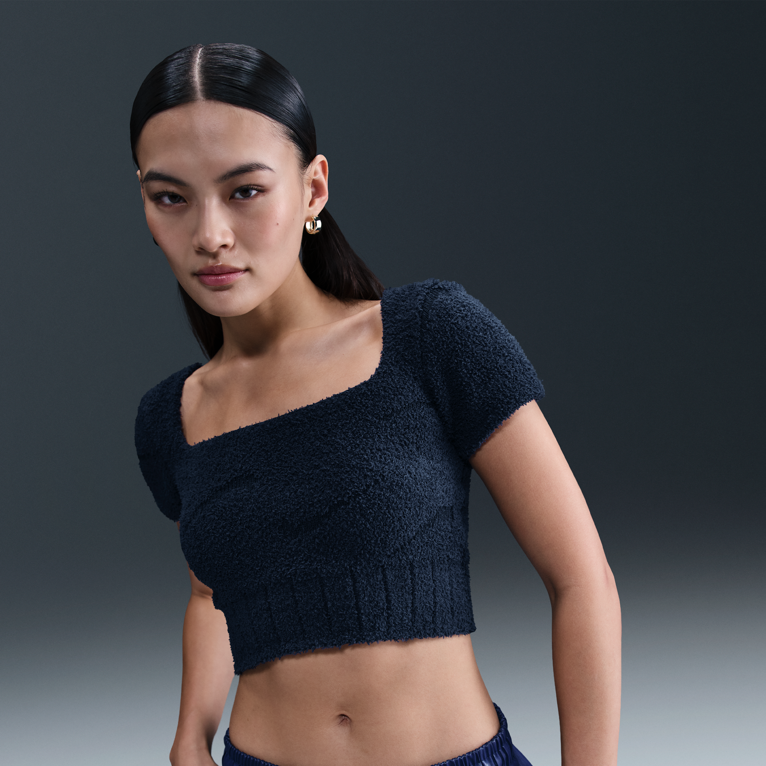 Nike Women's  Sportswear Phoenix Cozy Bouclã© Short-sleeve Cropped Knit Top In Blue