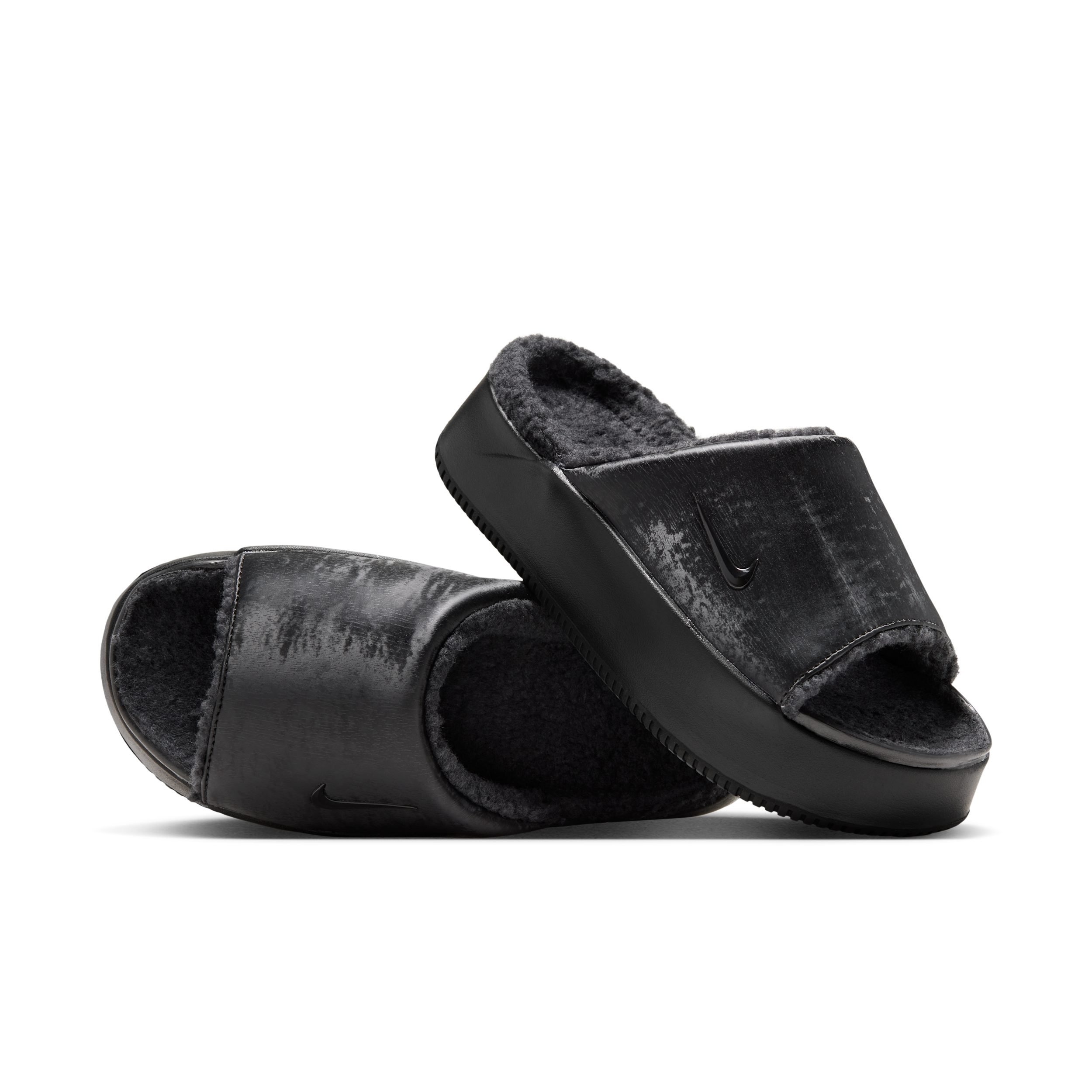 Nike Women's Calm Elevation SE Faux Fur Slides in Black | IO9723-001