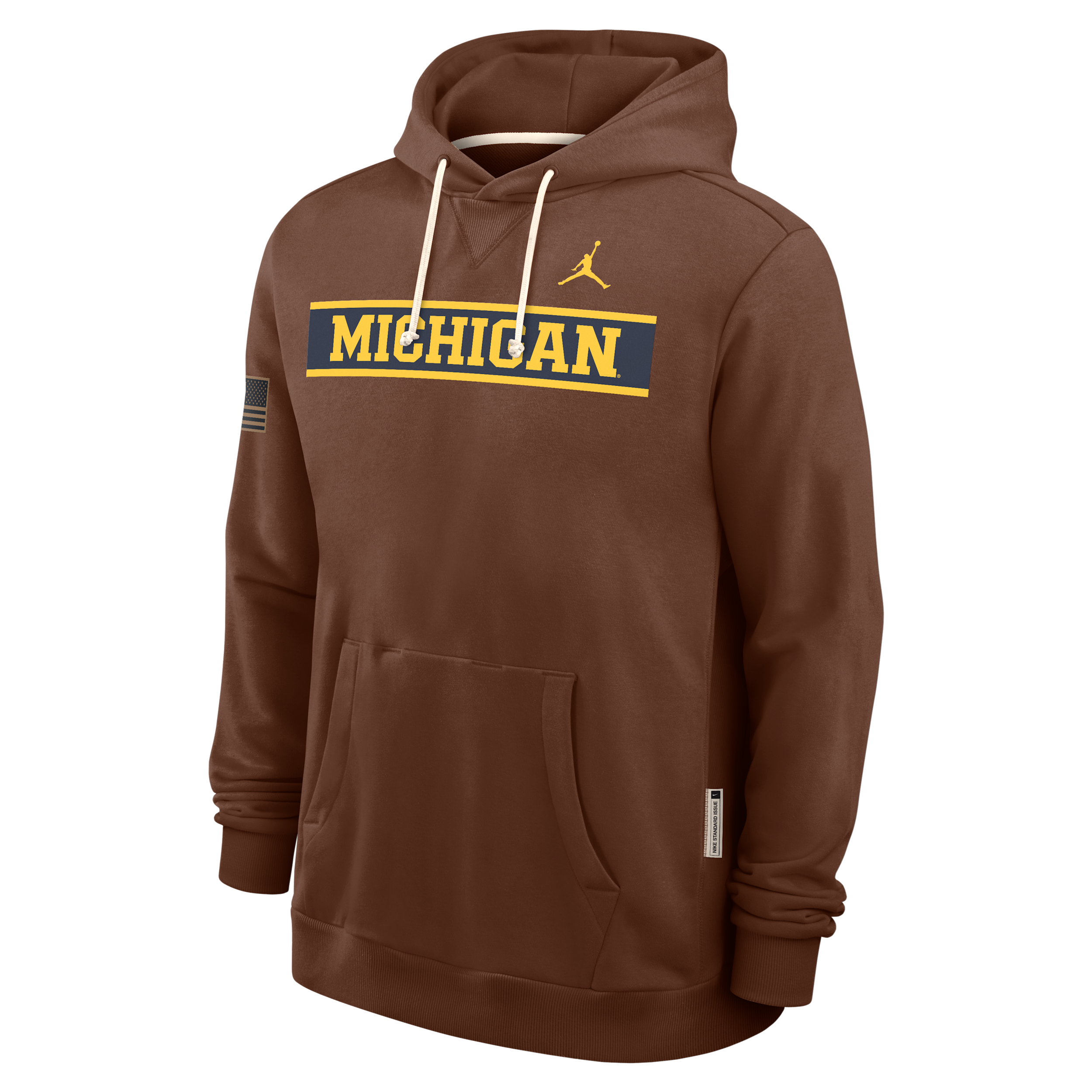 Men's Michigan 2026 Military Appreciation Standard Issue Jordan Brand Dri-FIT College Pullover Hoodie in Brown | 0JAZ2GYMWN-4EB