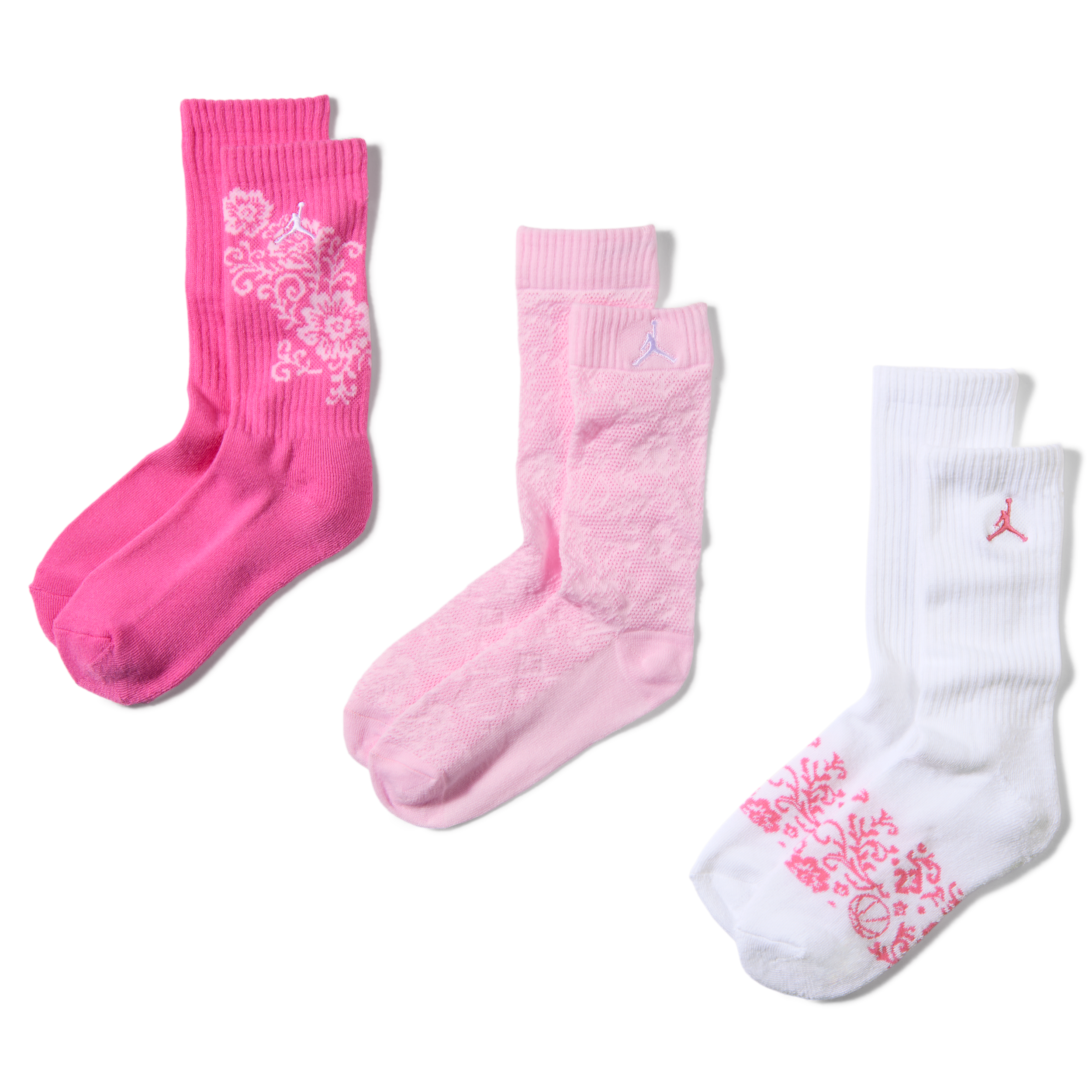 Jordan Girls Big Kids Floral Crew Socks (3-Pack) in Gym Pink Size: 9-11