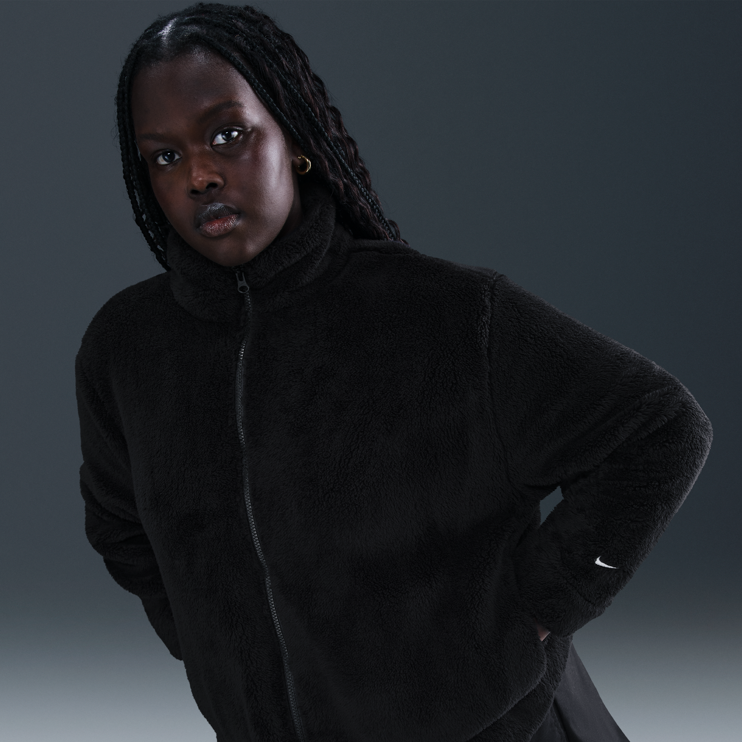 Women's Nike Sportswear Essential High-Pile Fleece Jacket (Plus Size) in Black | HV2817-010