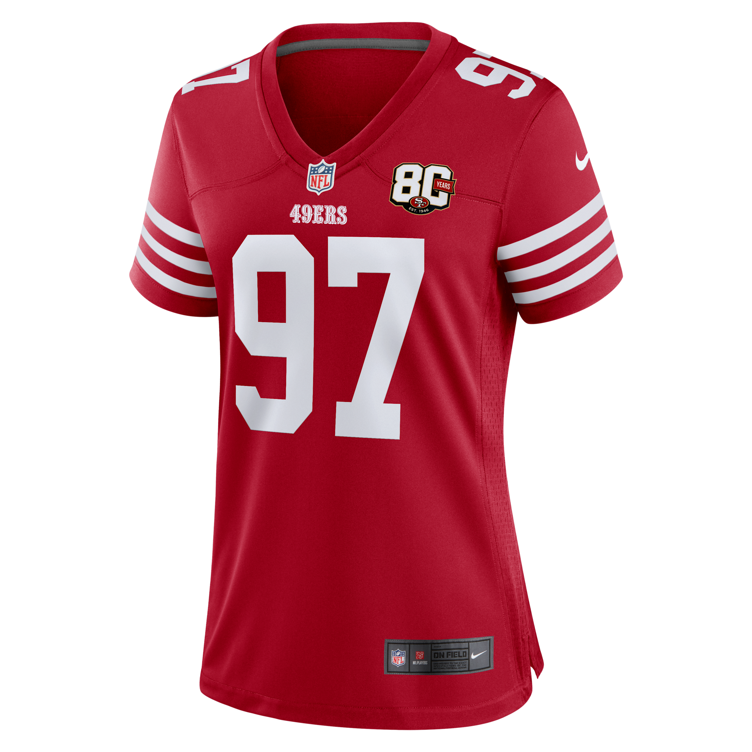 Nick Bosa San Francisco 49ers 80th Anniversary Nike Women's NFL Game Jersey in Red | 67NWSAGH9BF-DUL