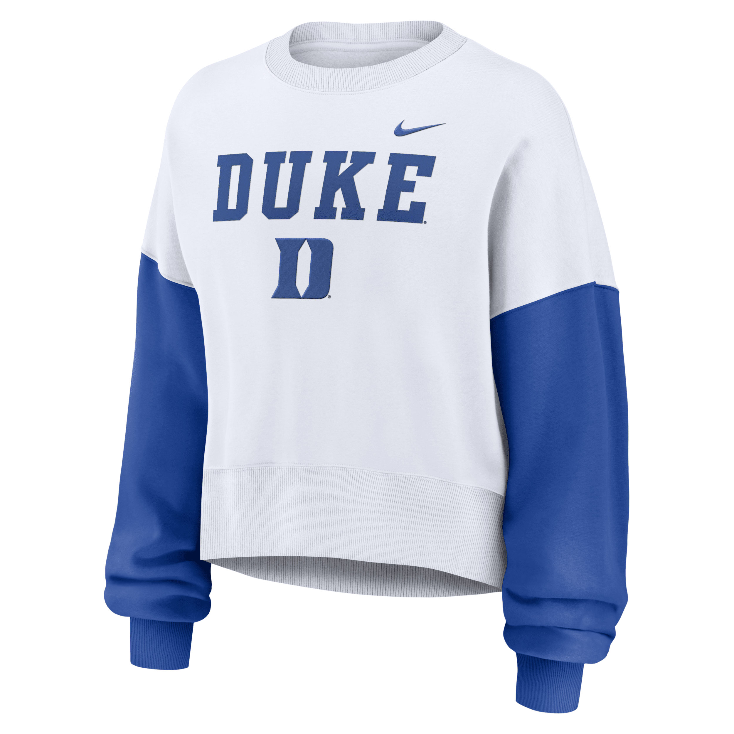 Nike Women's White Duke Blue Devils Color-block Oversized Cropped Pullover Sweatshirt In White